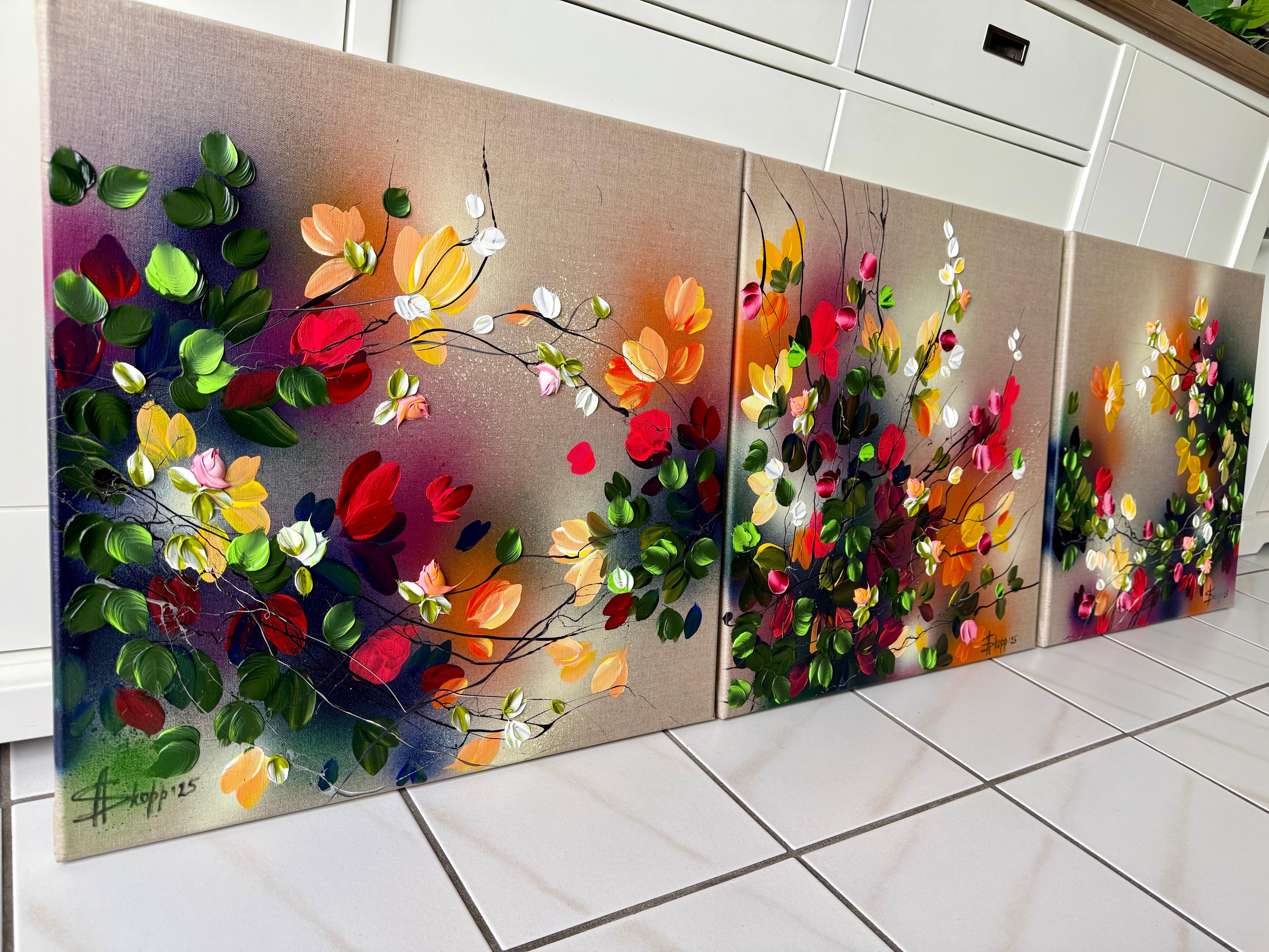 Autumn Palette I -  impressionistic painting on linen canvas with 3d roses For Sale 3