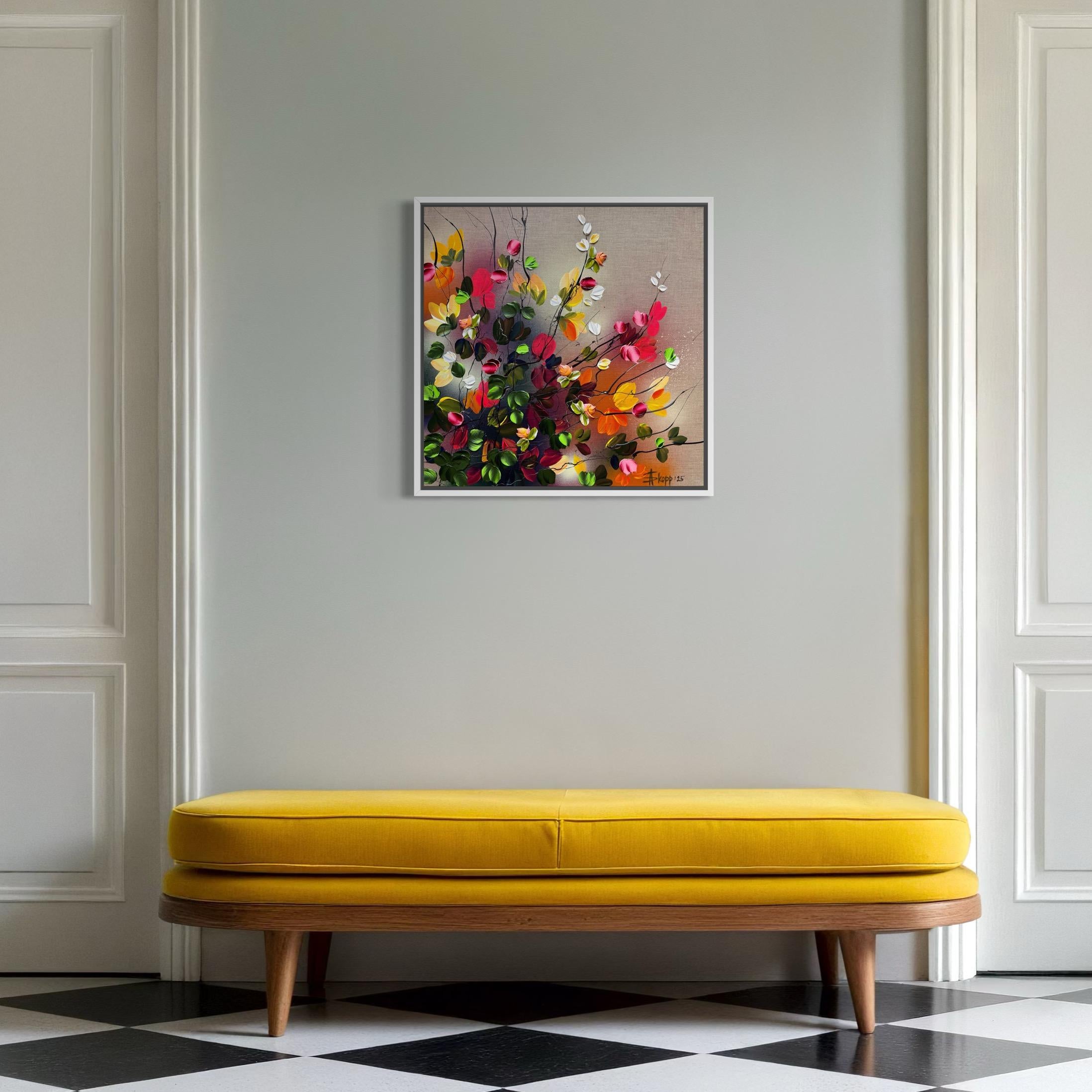 Autumn Palette II -  impressionistic painting on linen canvas with 3d roses For Sale 6