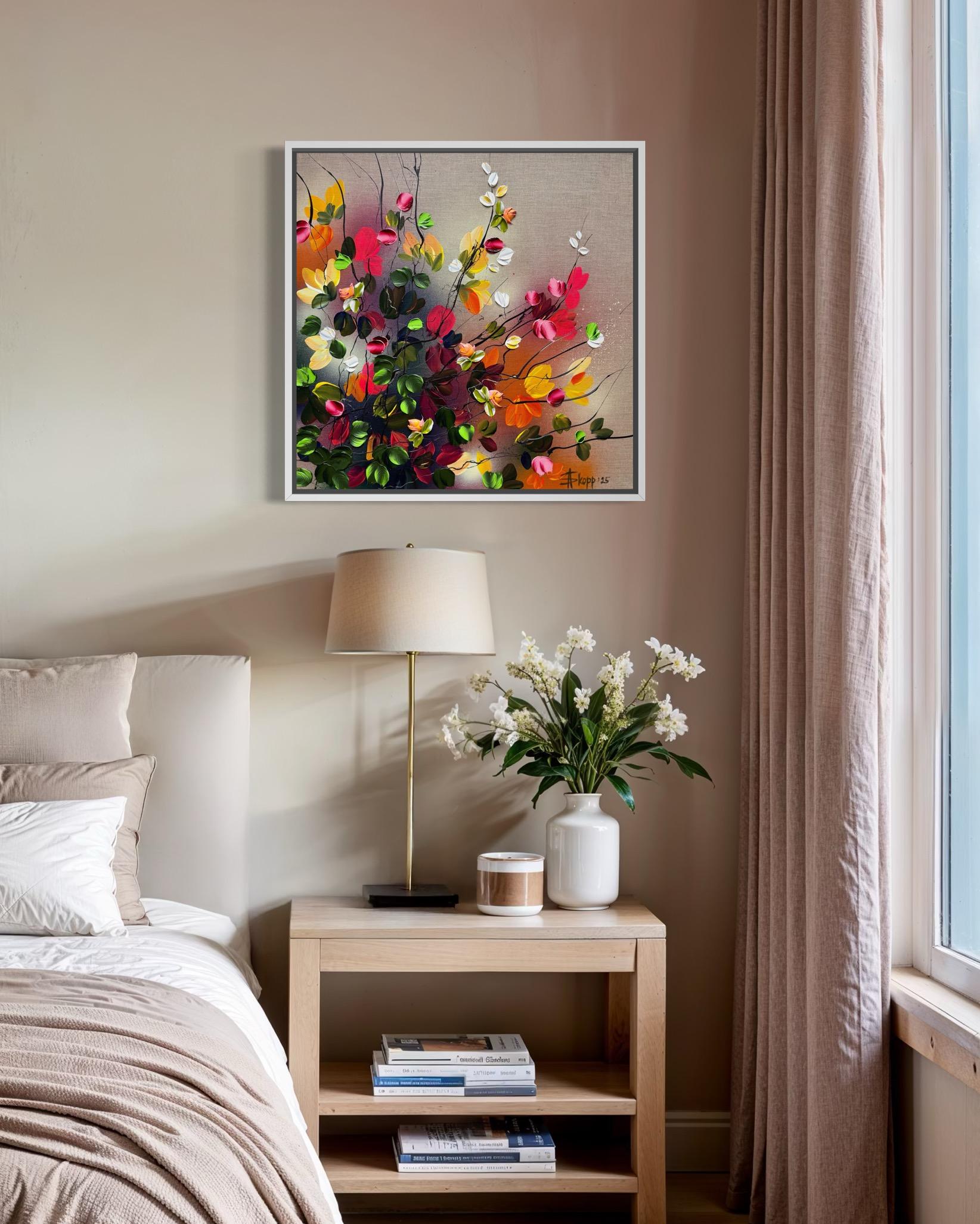 Autumn Palette II -  impressionistic painting on linen canvas with 3d roses For Sale 7
