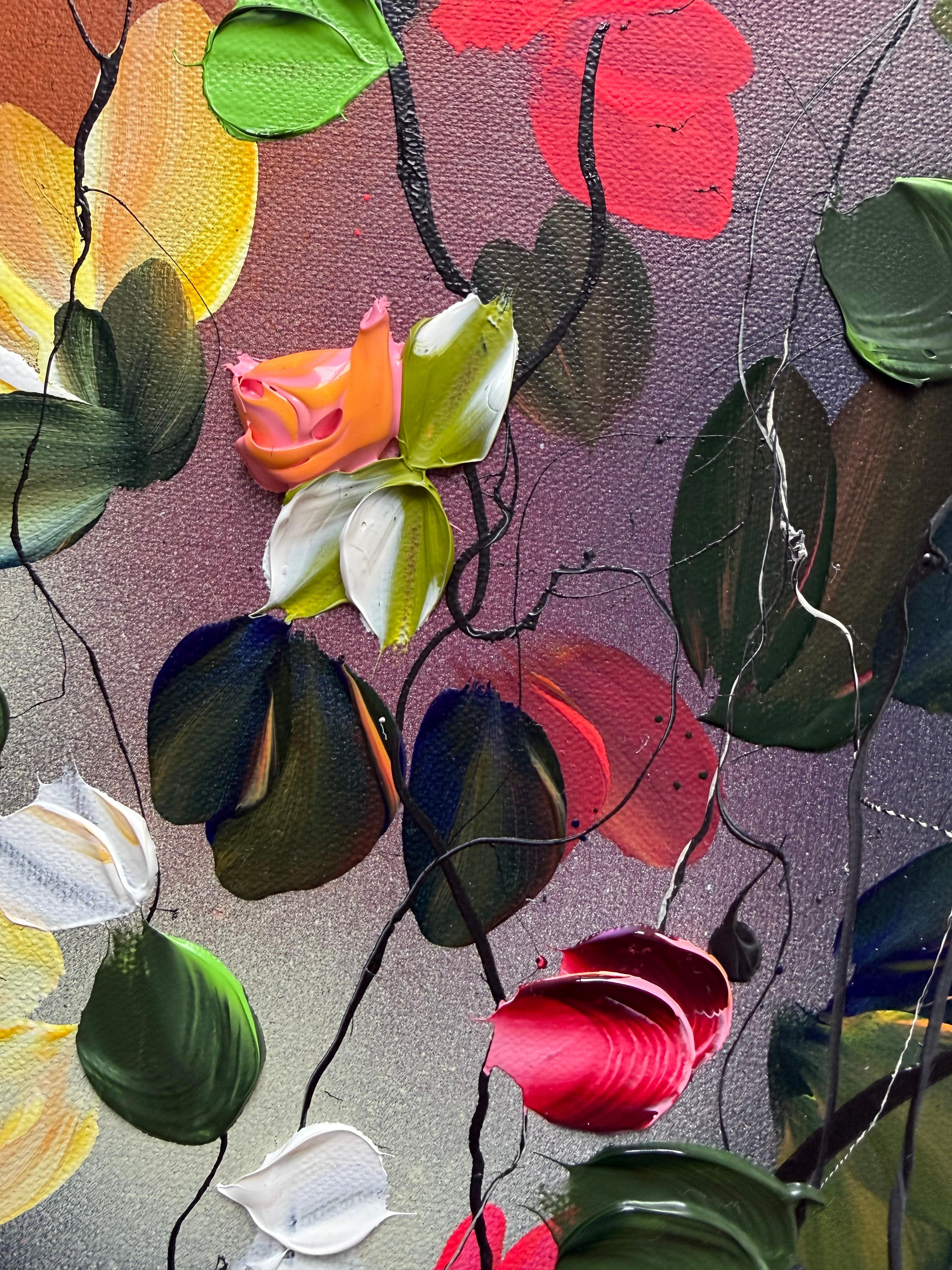 Autumn Palette II -  impressionistic painting on linen canvas with 3d roses For Sale 8