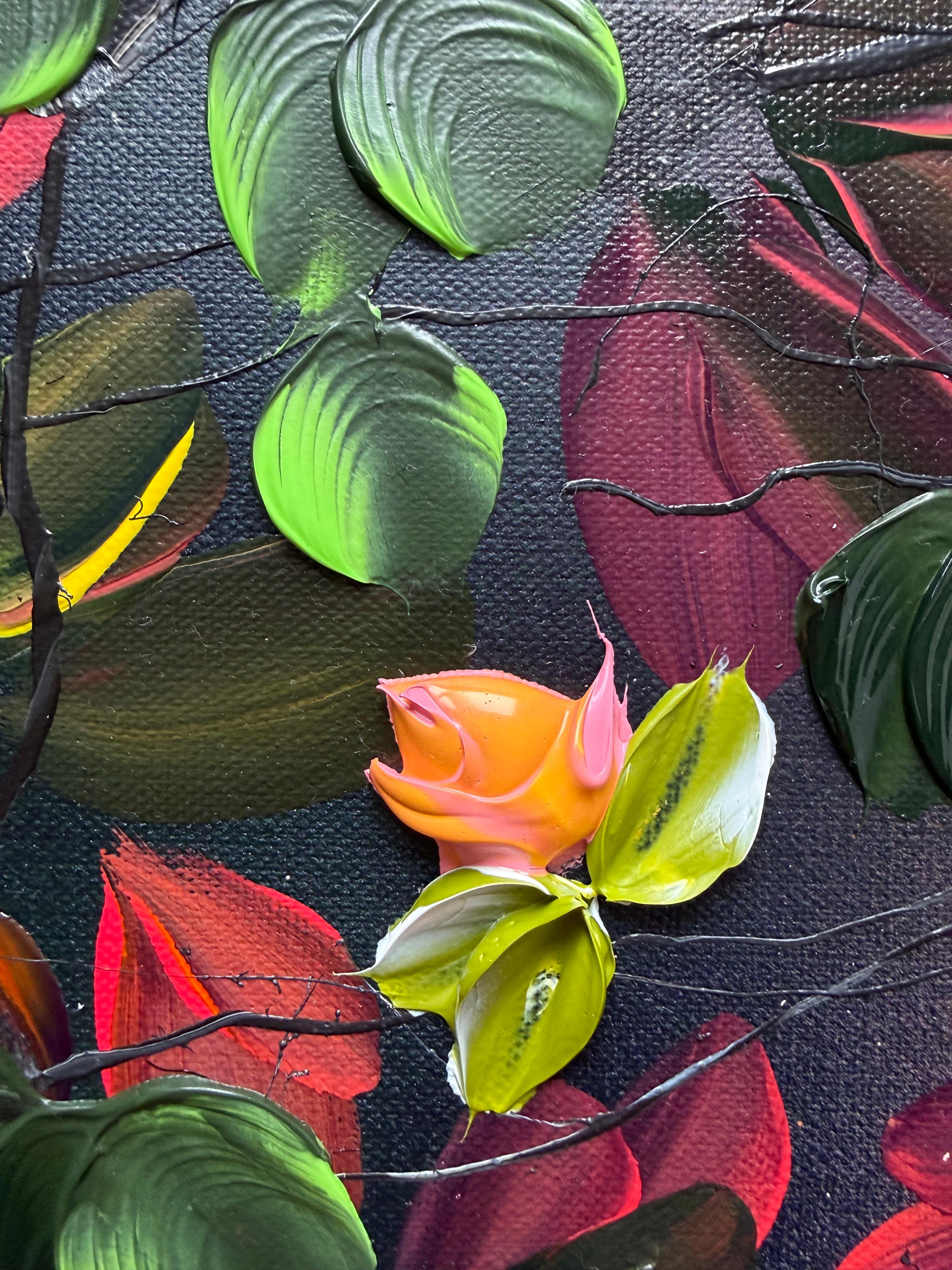 Autumn Palette II -  impressionistic painting on linen canvas with 3d roses For Sale 9