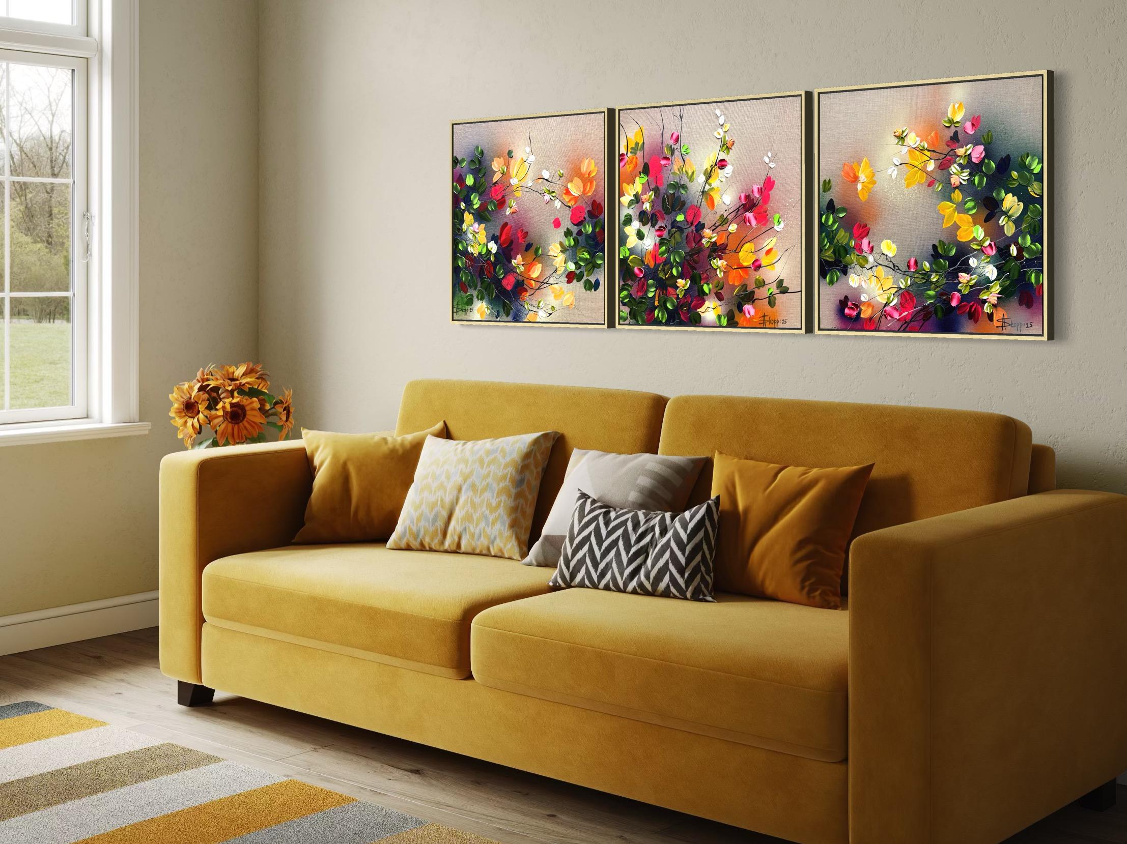 Autumn Palette II -  impressionistic painting on linen canvas with 3d roses For Sale 10