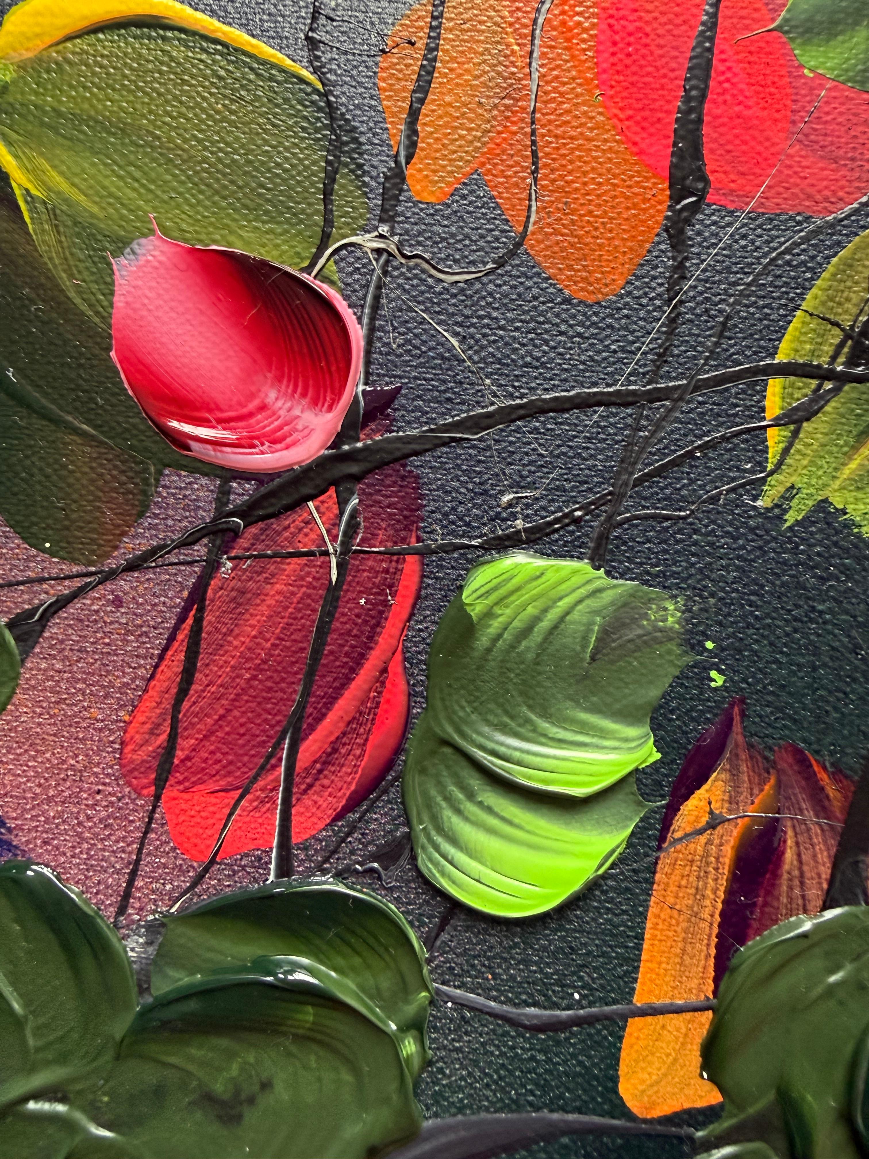 Autumn Palette II -  impressionistic painting on linen canvas with 3d roses For Sale 11