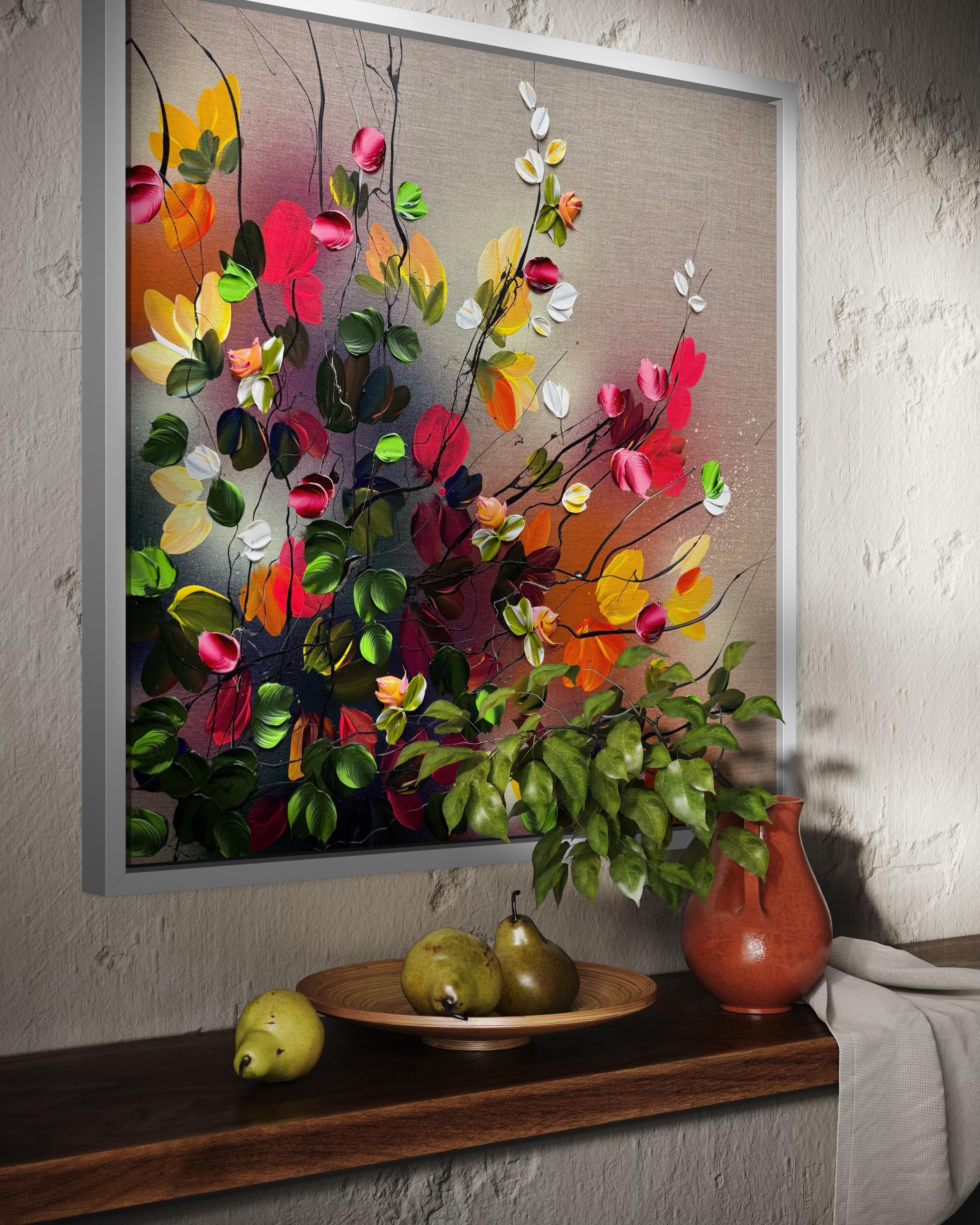 Autumn Palette II -  impressionistic painting on linen canvas with 3d roses For Sale 12