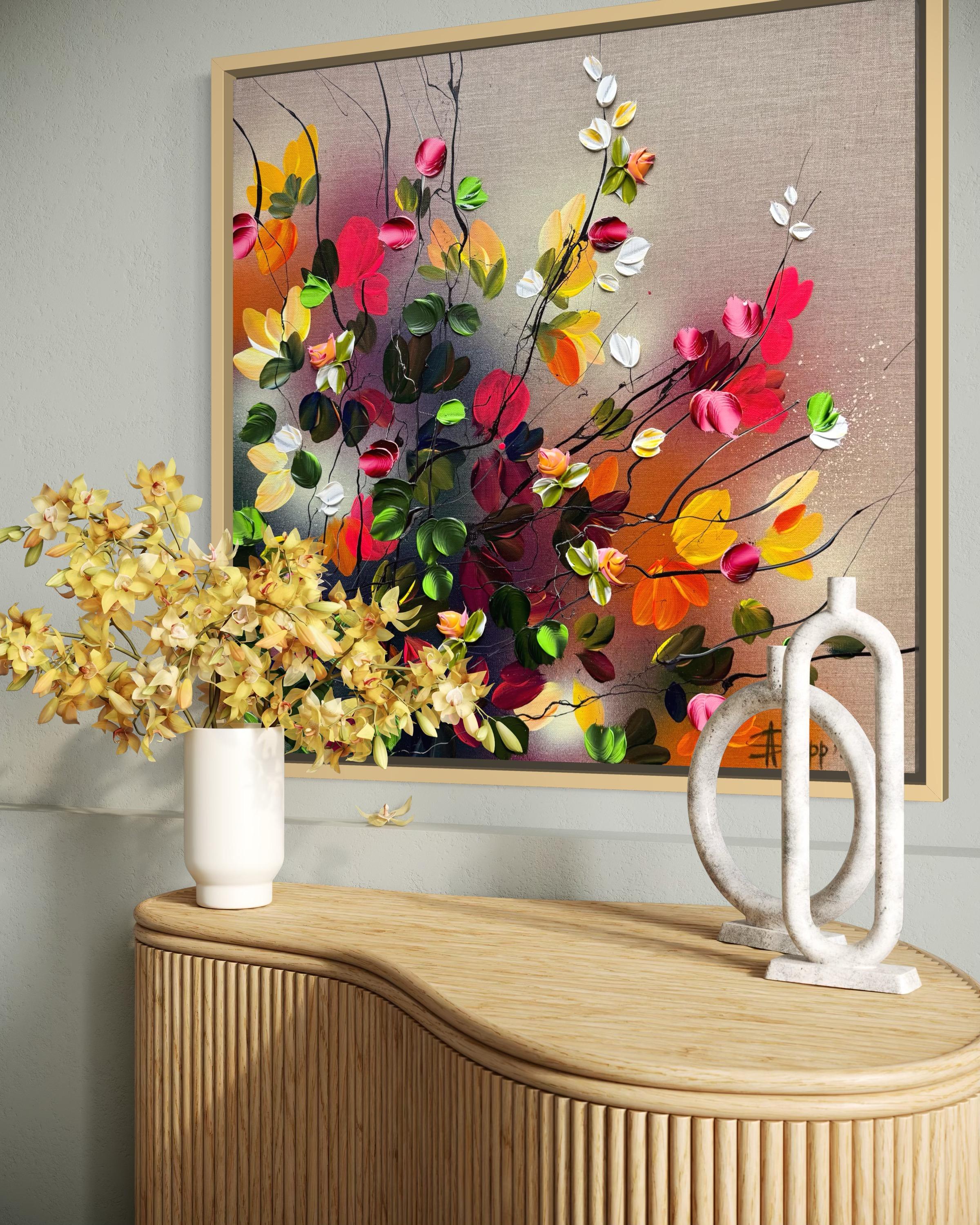 Autumn Palette II -  impressionistic painting on linen canvas with 3d roses For Sale 13