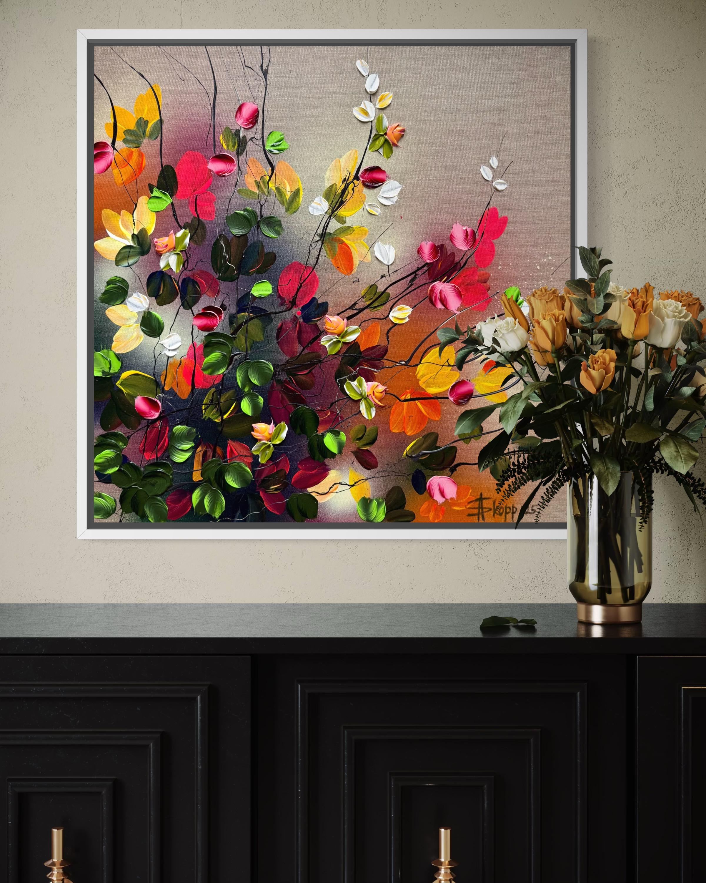 Autumn Palette II -  impressionistic painting on linen canvas with 3d roses For Sale 14
