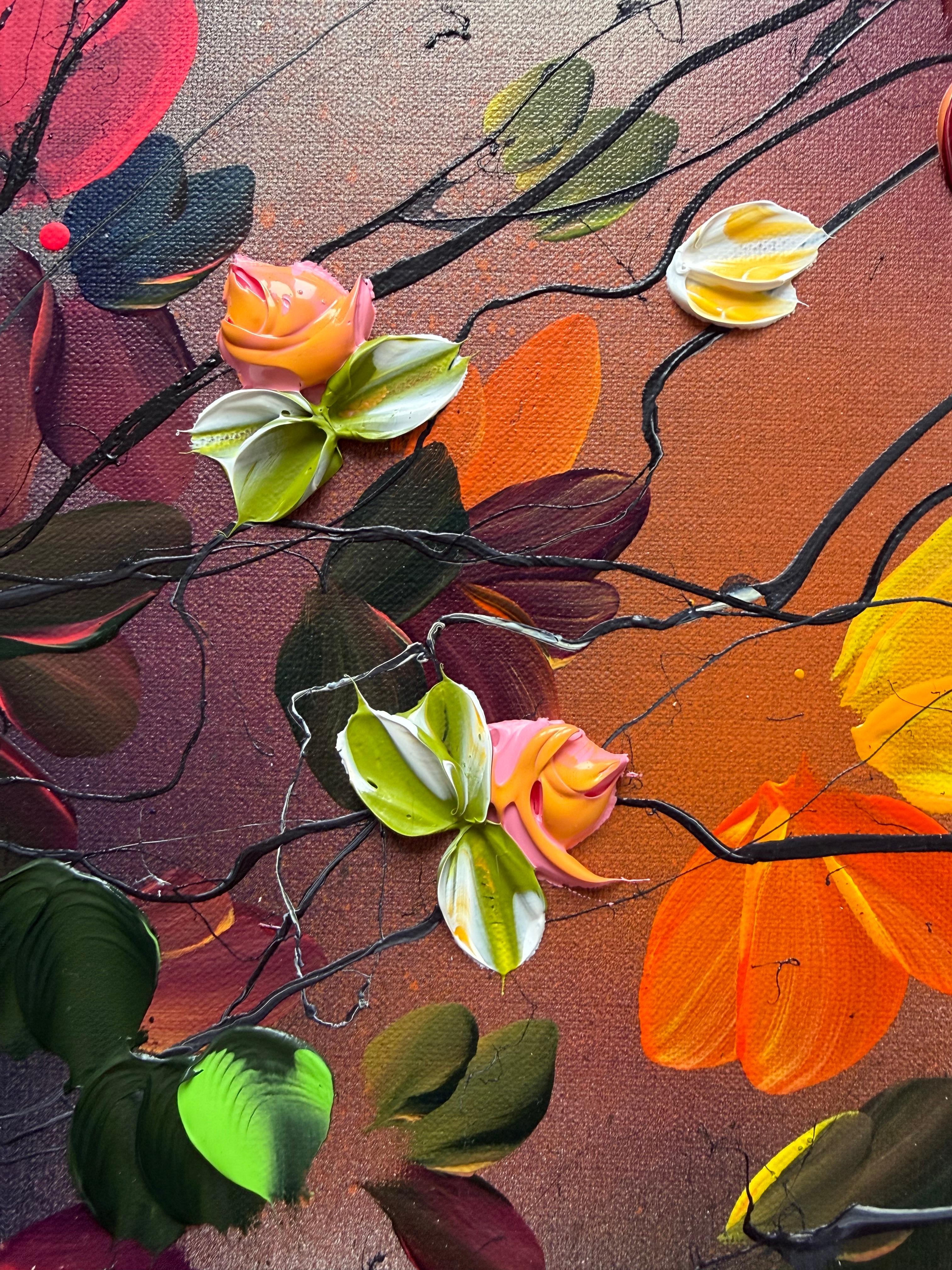 Autumn Palette II -  impressionistic painting on linen canvas with 3d roses - Painting by Anastassia Skopp