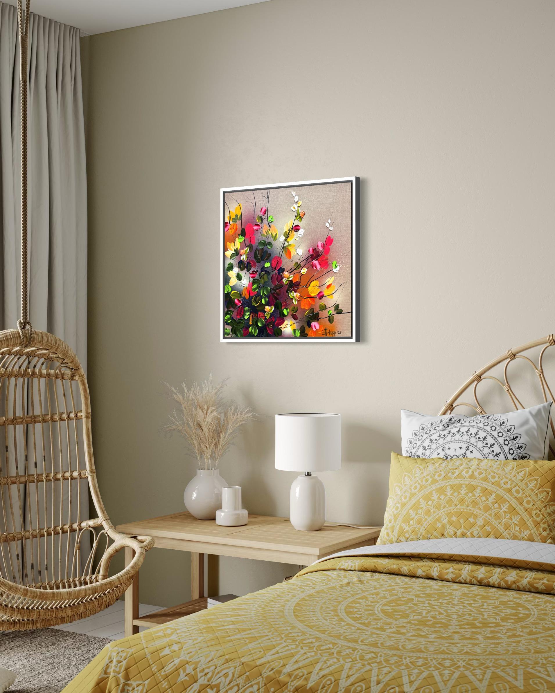 Autumn Palette II -  impressionistic painting on linen canvas with 3d roses For Sale 15