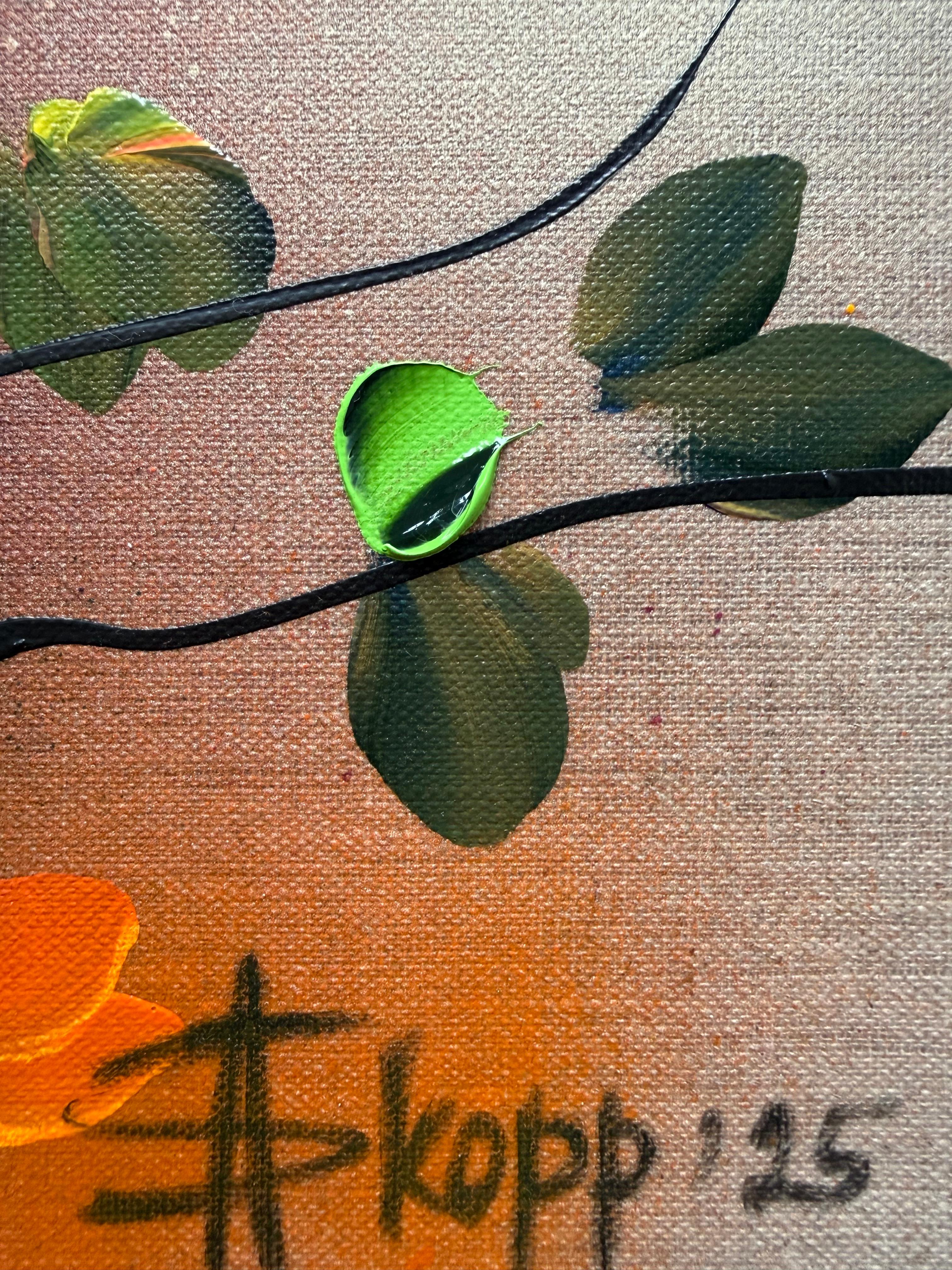 Autumn Palette II -  impressionistic painting on linen canvas with 3d roses - Abstract Impressionist Painting by Anastassia Skopp