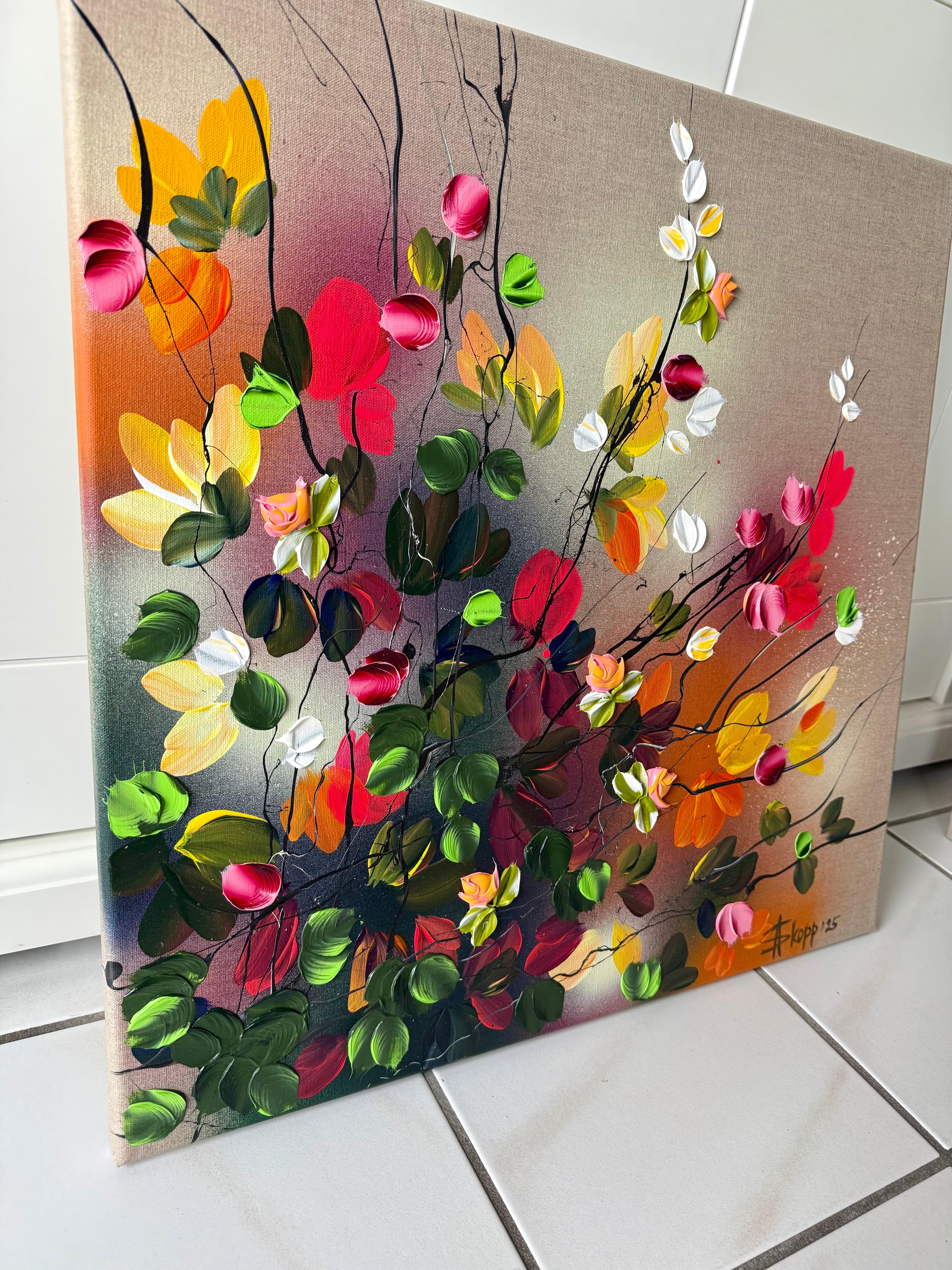 Autumn Palette II -  impressionistic painting on linen canvas with 3d roses - Brown Figurative Painting by Anastassia Skopp