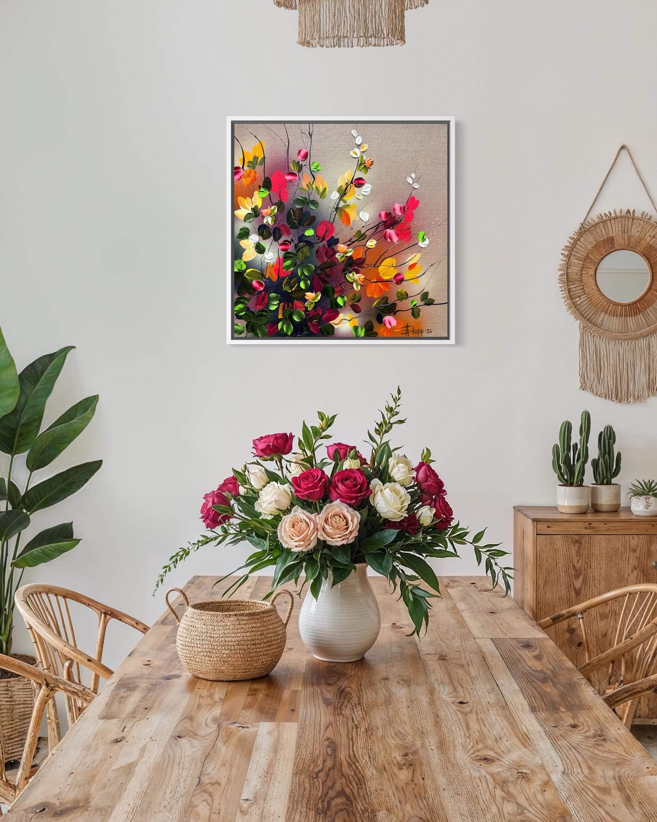 Autumn Palette II -  impressionistic painting on linen canvas with 3d roses For Sale 1