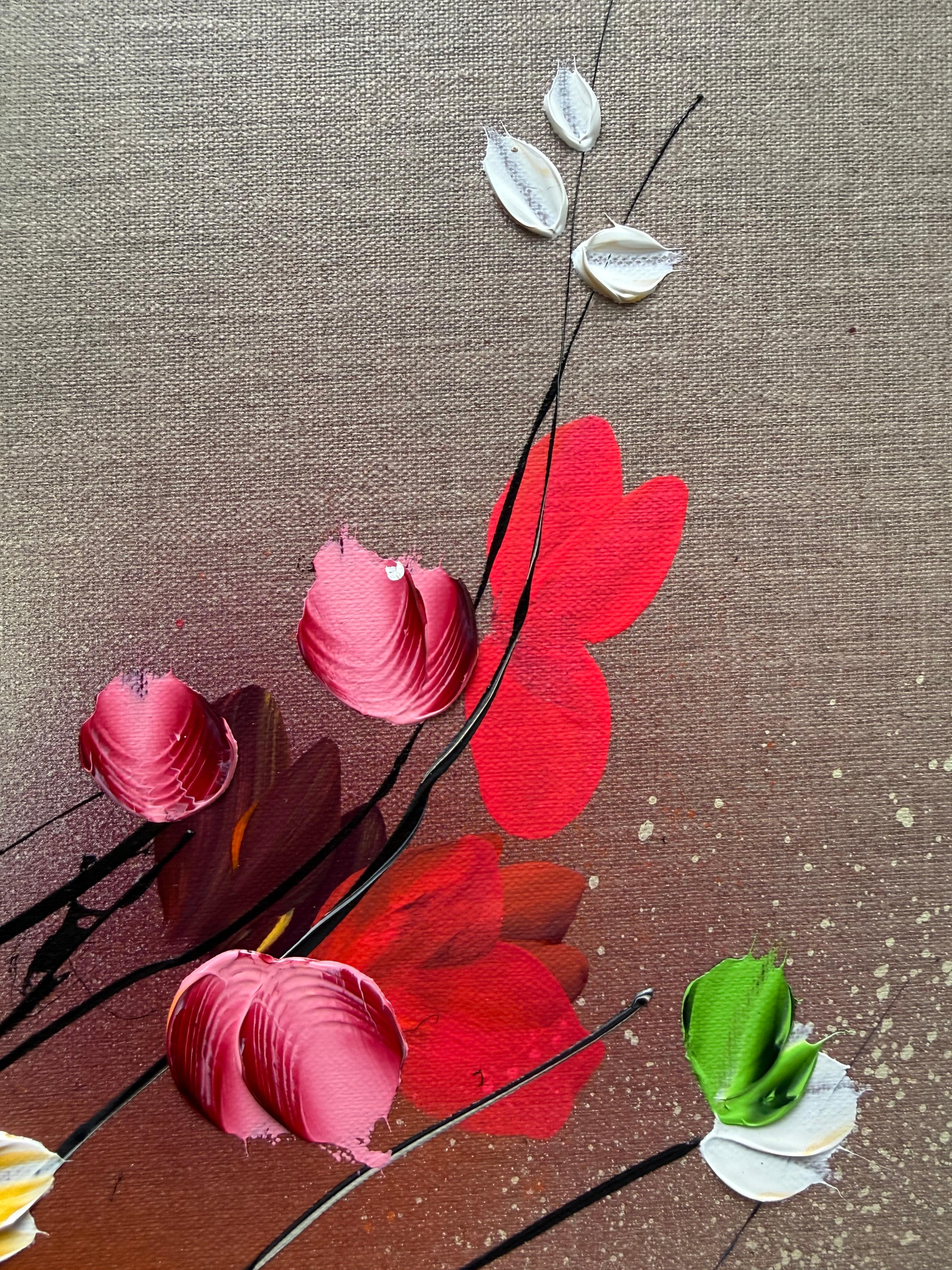 Autumn Palette II -  impressionistic painting on linen canvas with 3d roses For Sale 3