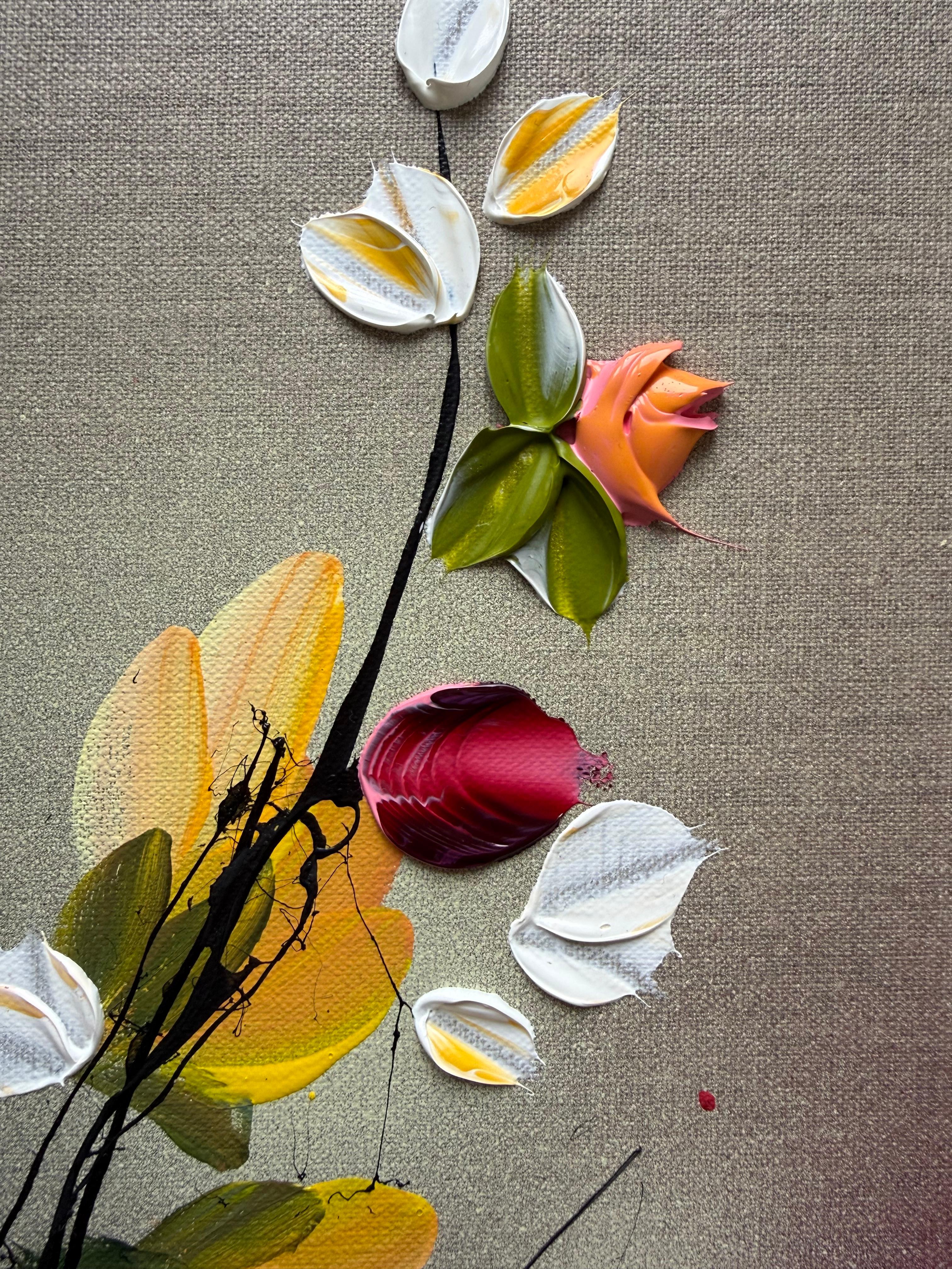 Autumn Palette II -  impressionistic painting on linen canvas with 3d roses For Sale 4