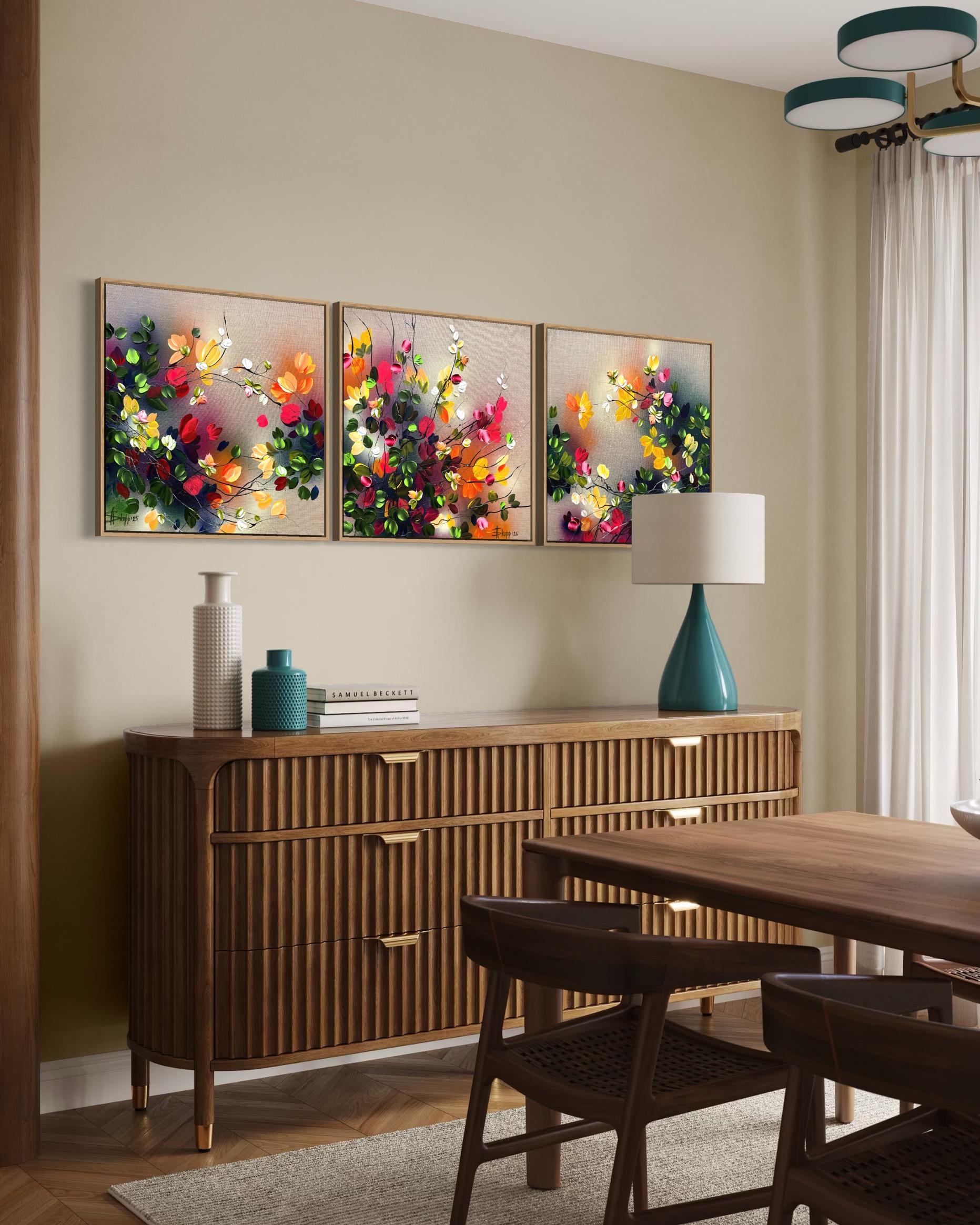 Autumn Palette III -  impressionistic painting on linen canvas with 3d roses For Sale 5