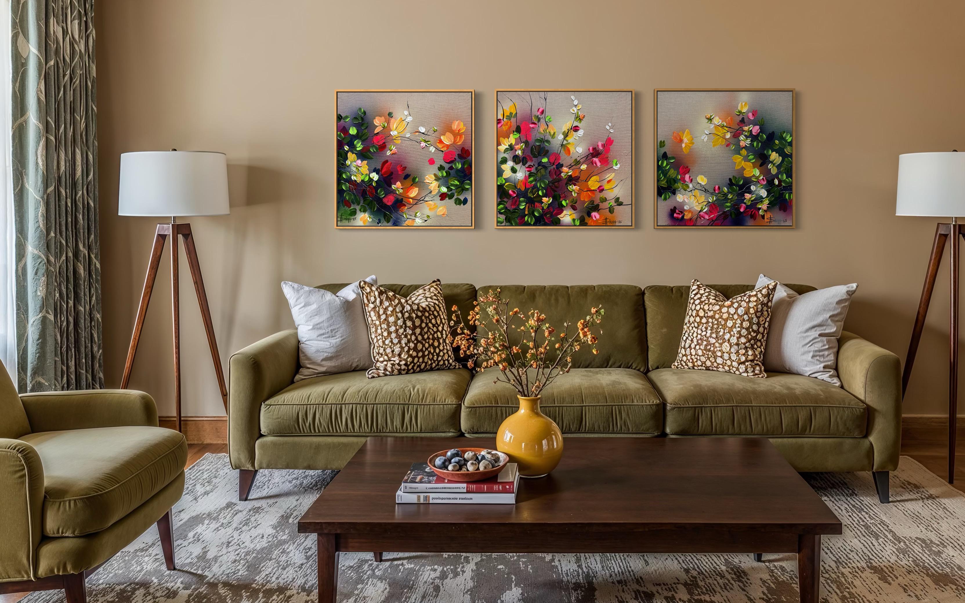 Autumn Palette III -  impressionistic painting on linen canvas with 3d roses For Sale 6
