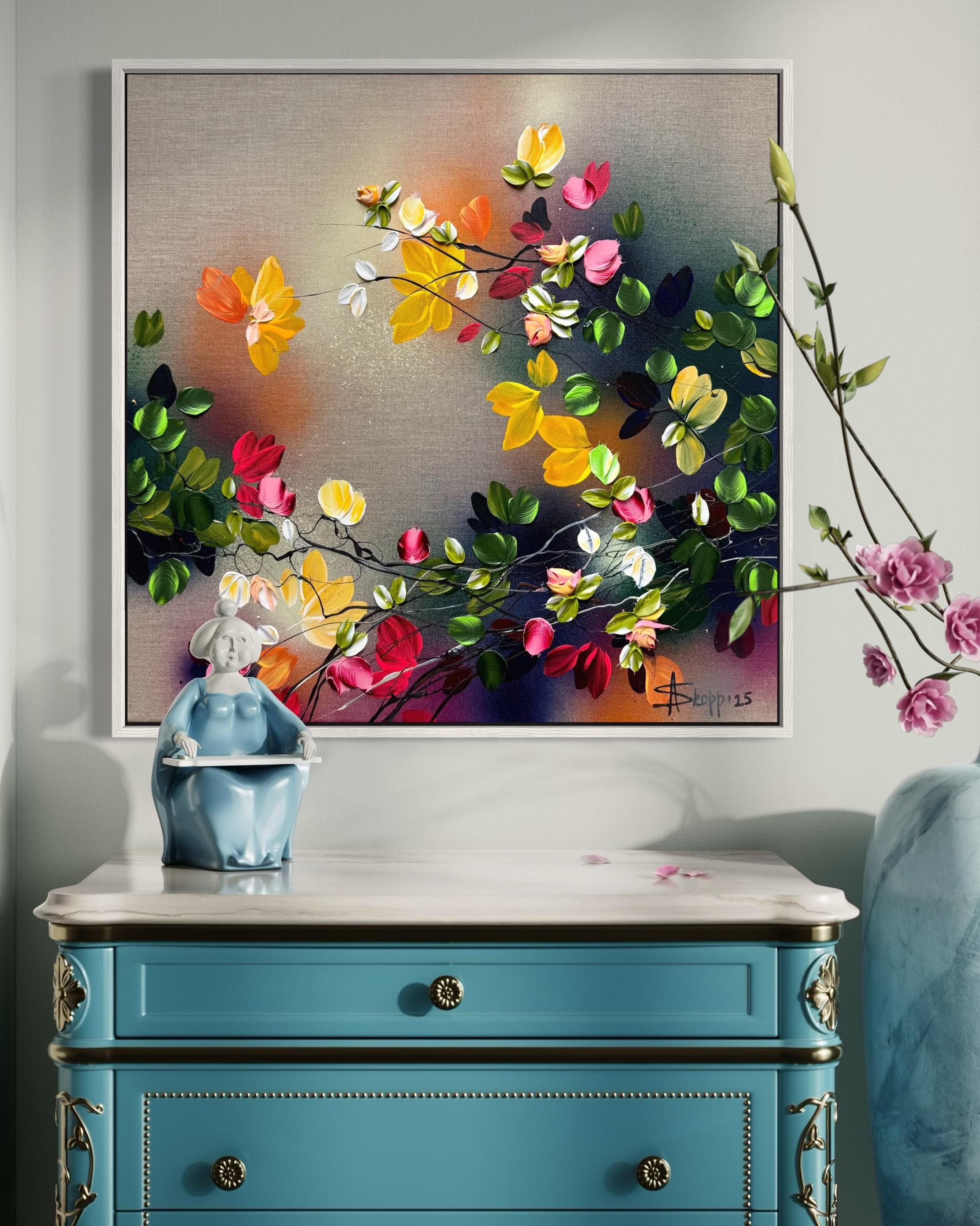 Autumn Palette III -  impressionistic painting on linen canvas with 3d roses For Sale 7