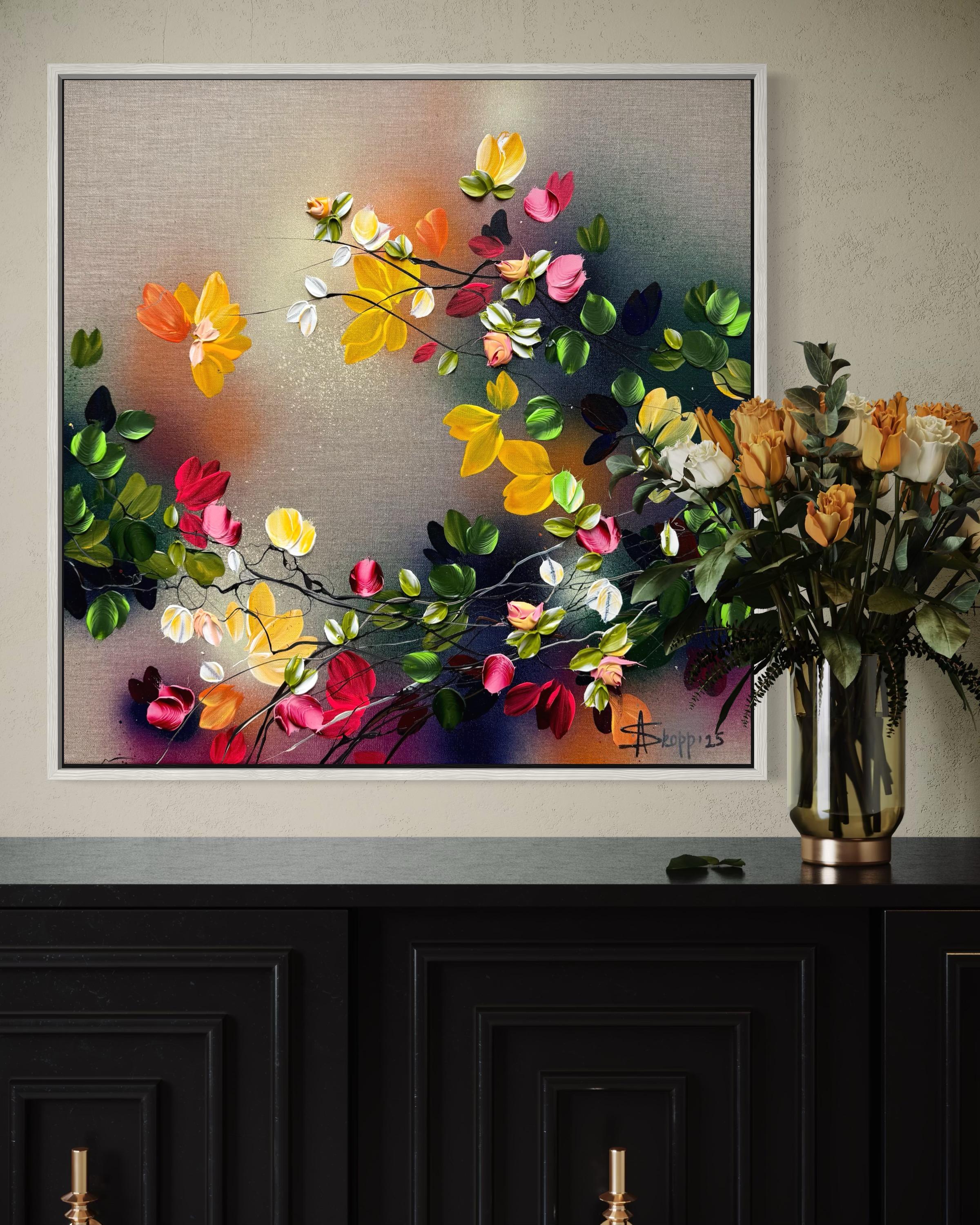 Autumn Palette III -  impressionistic painting on linen canvas with 3d roses For Sale 8