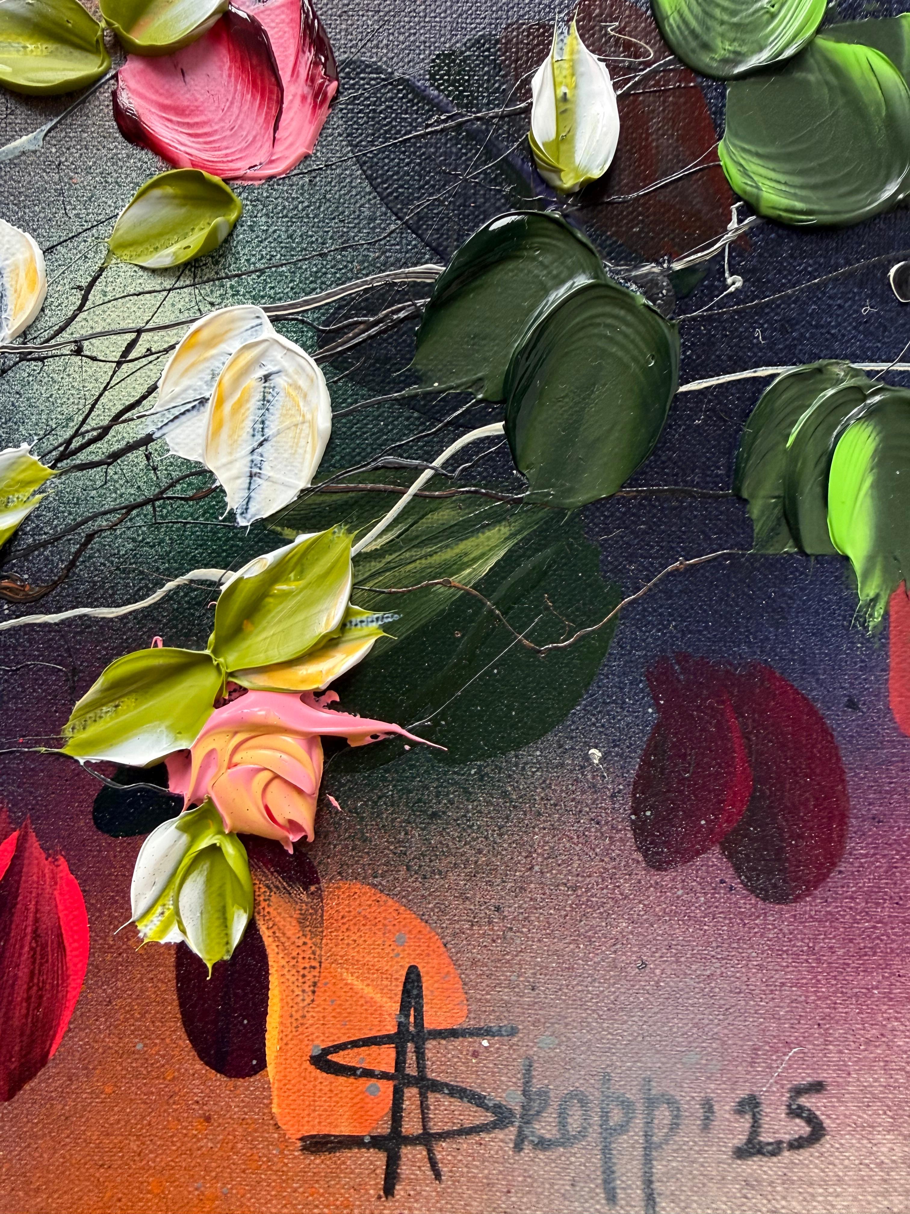 Autumn Palette III -  impressionistic painting on linen canvas with 3d roses For Sale 9