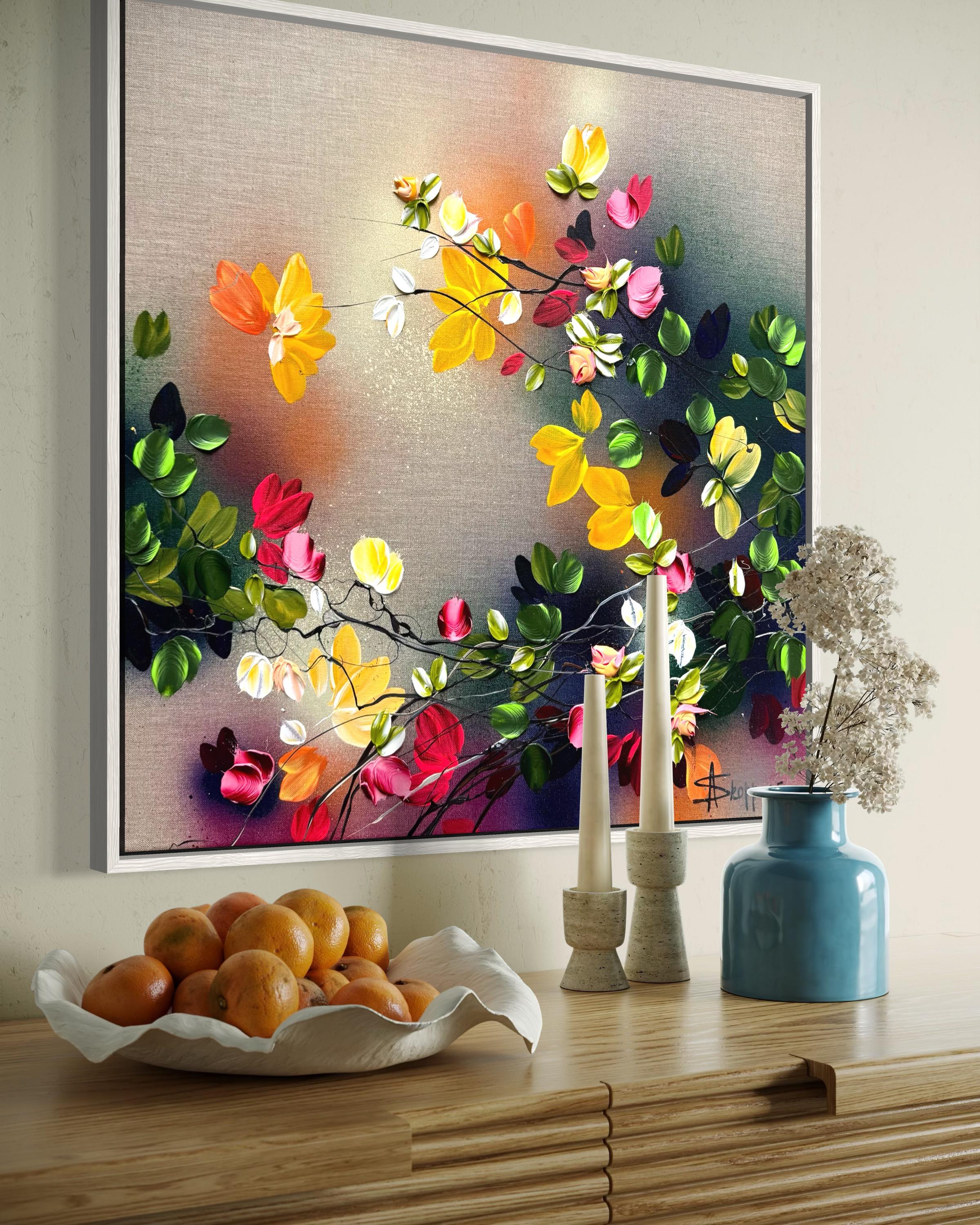 Autumn Palette III -  impressionistic painting on linen canvas with 3d roses For Sale 10