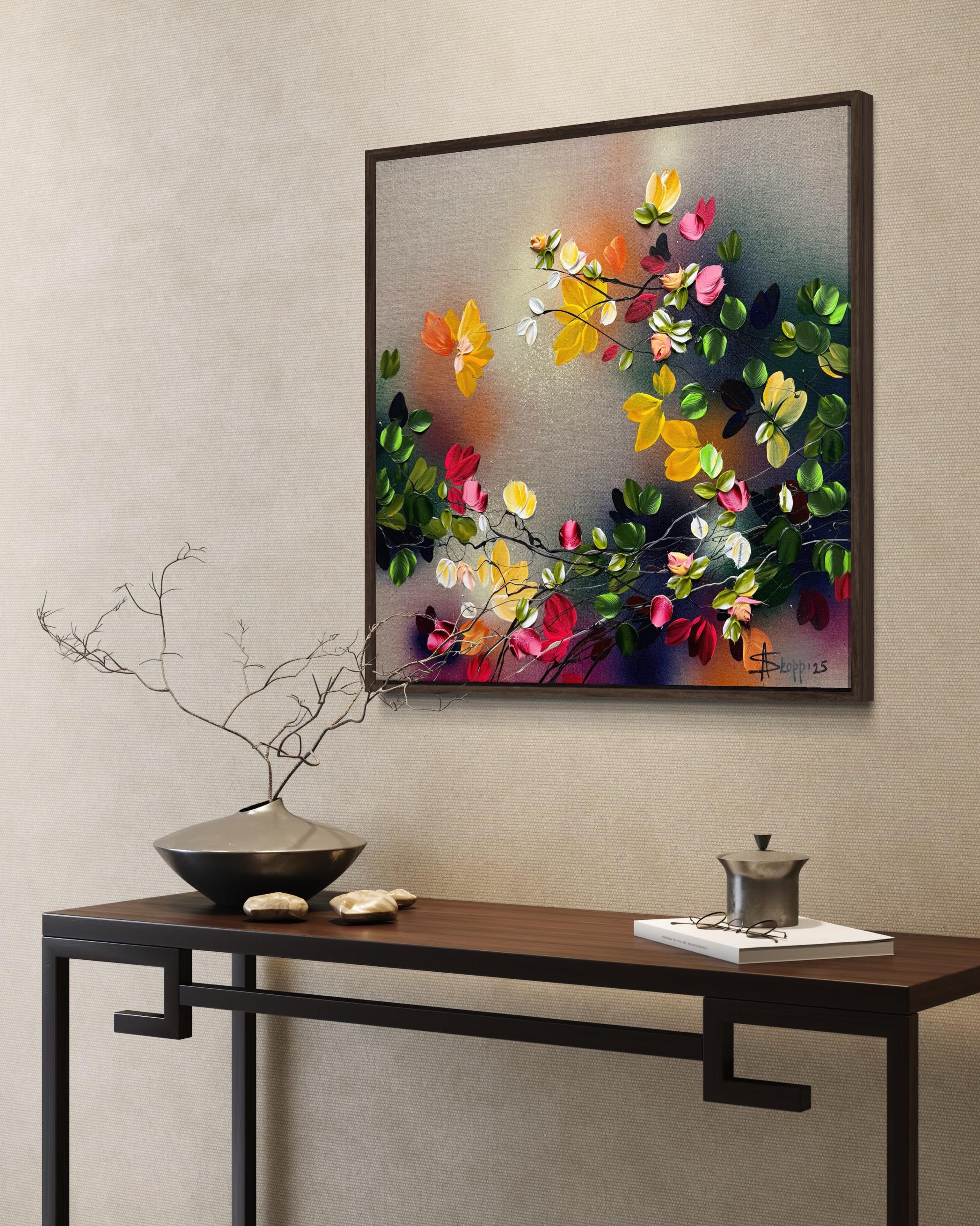 Autumn Palette III -  impressionistic painting on linen canvas with 3d roses For Sale 11