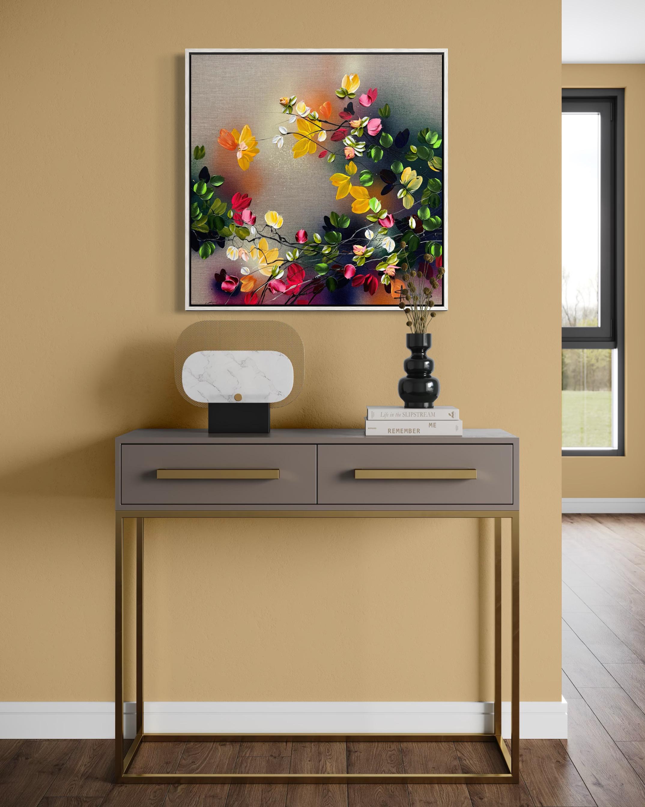 Autumn Palette III -  impressionistic painting on linen canvas with 3d roses For Sale 12