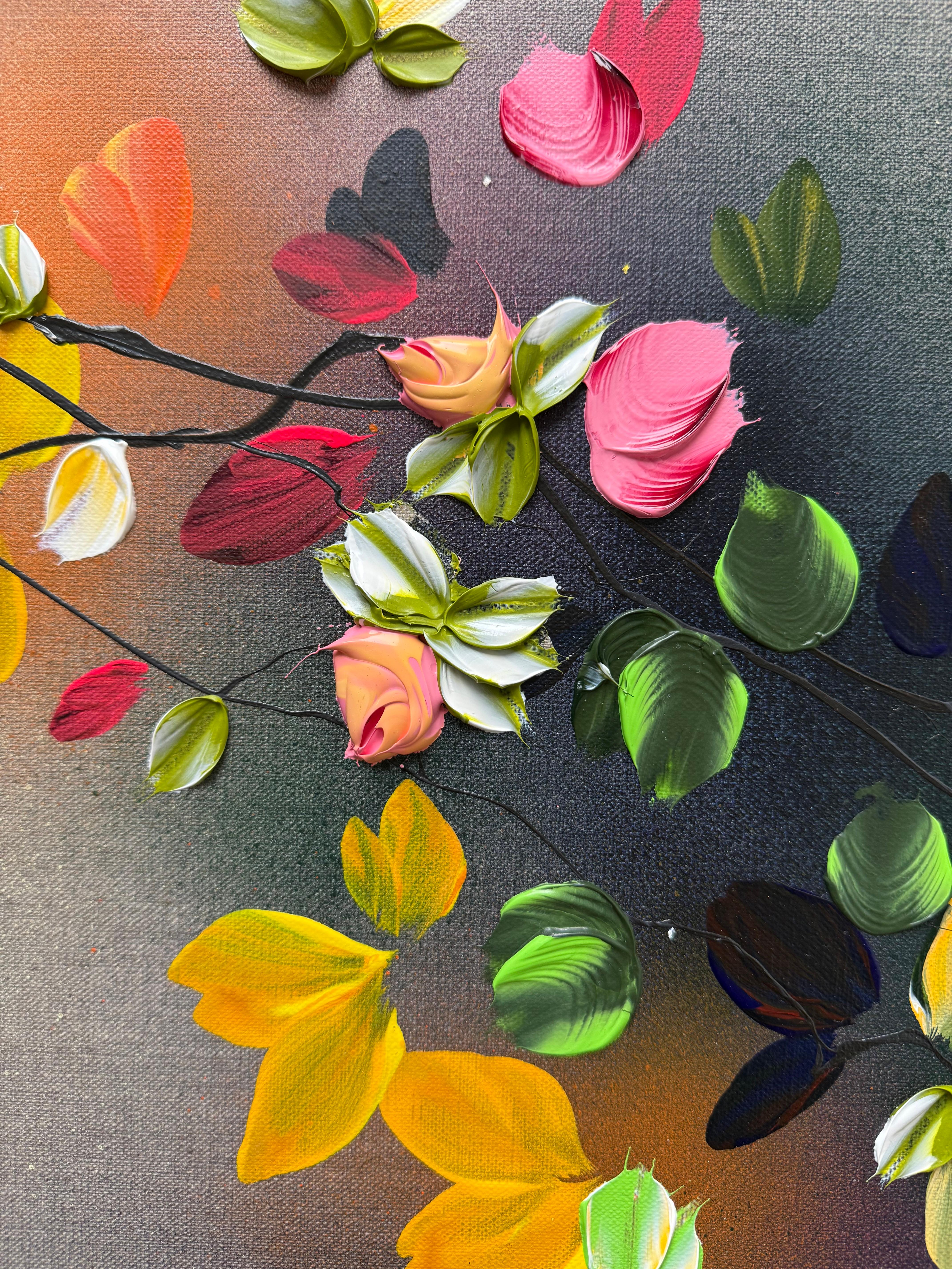 Autumn Palette III -  impressionistic painting on linen canvas with 3d roses - Painting by Anastassia Skopp