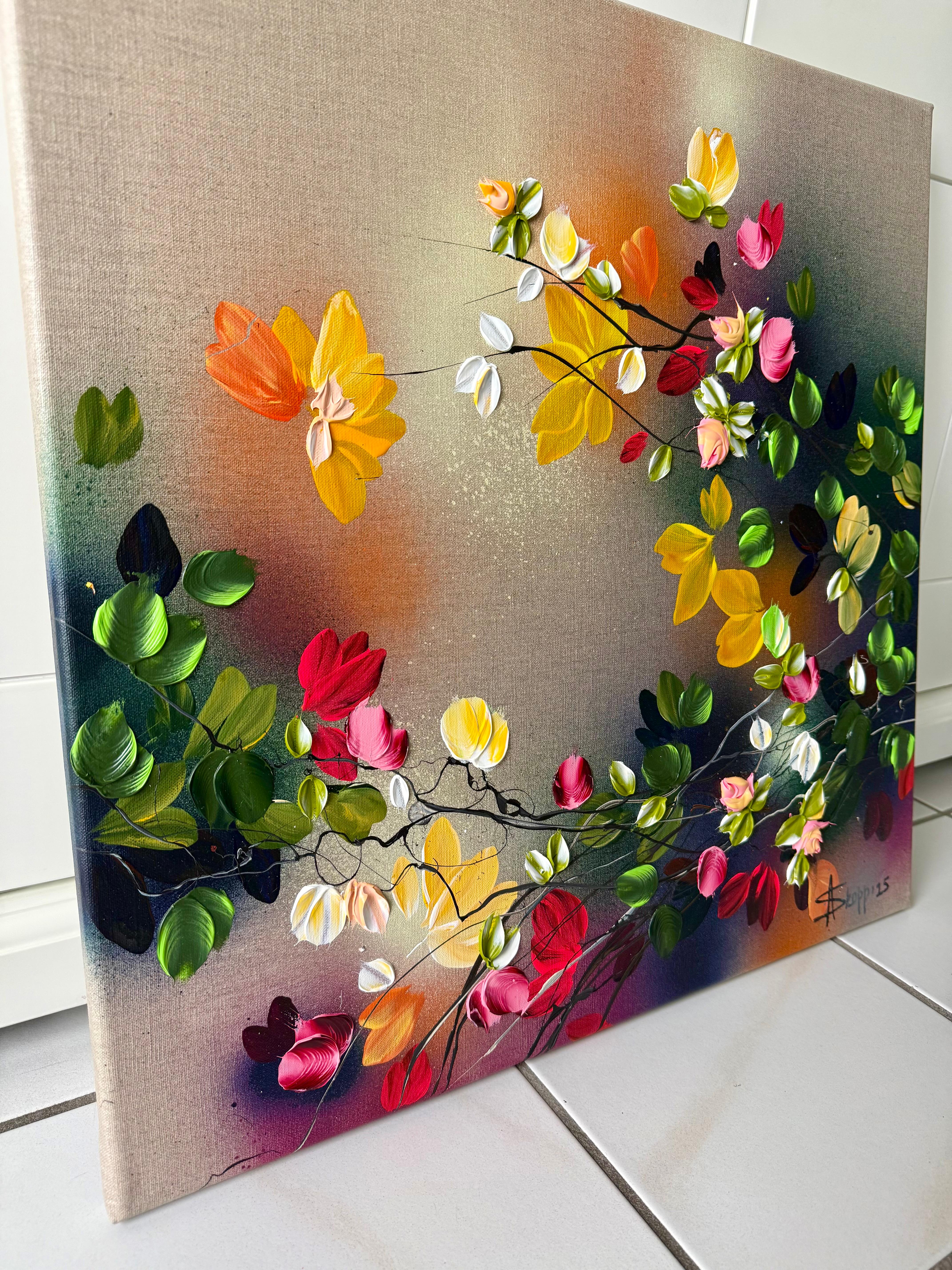 Autumn Palette III -  impressionistic painting on linen canvas with 3d roses - Abstract Impressionist Painting by Anastassia Skopp