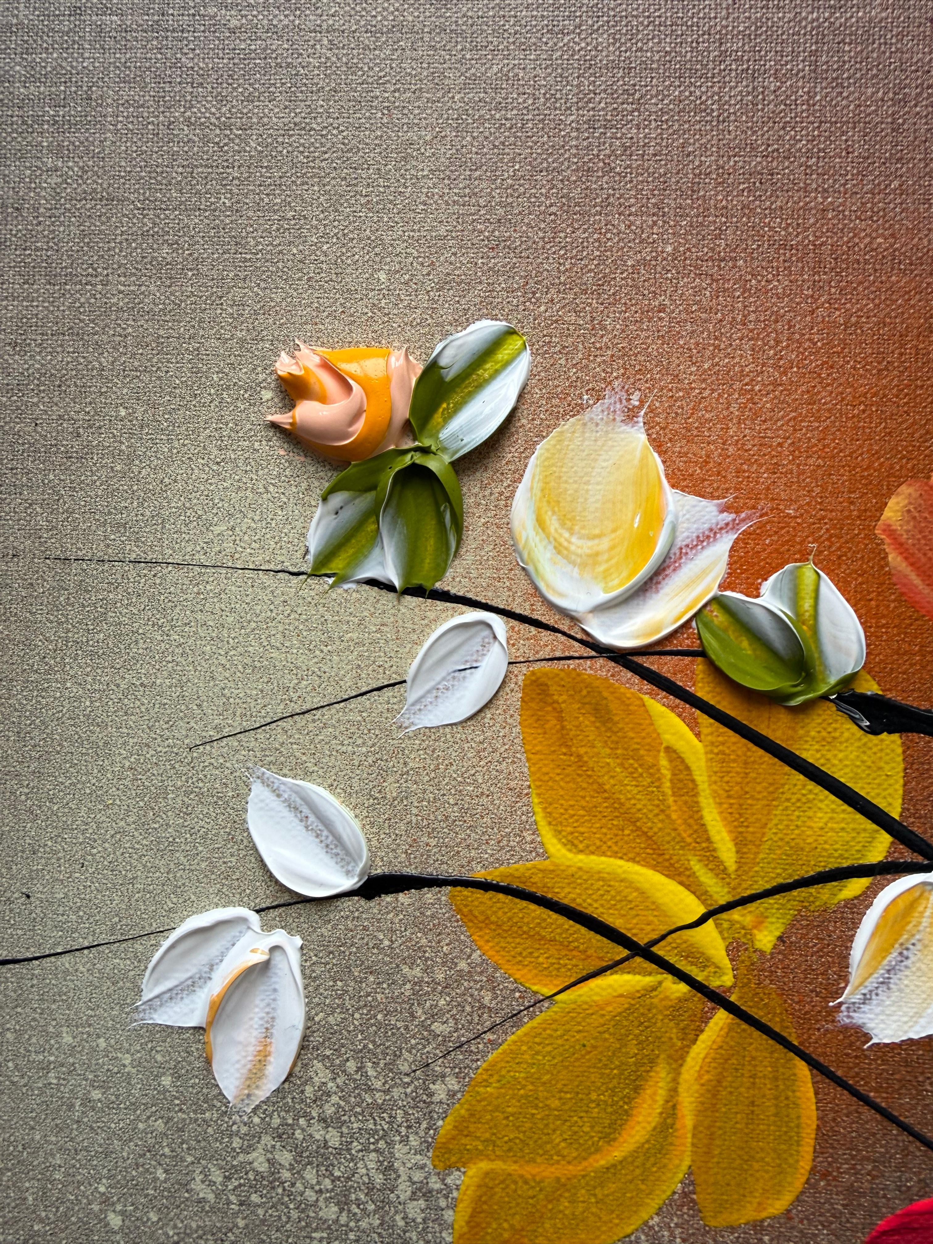 Autumn Palette III -  impressionistic painting on linen canvas with 3d roses - Brown Abstract Painting by Anastassia Skopp