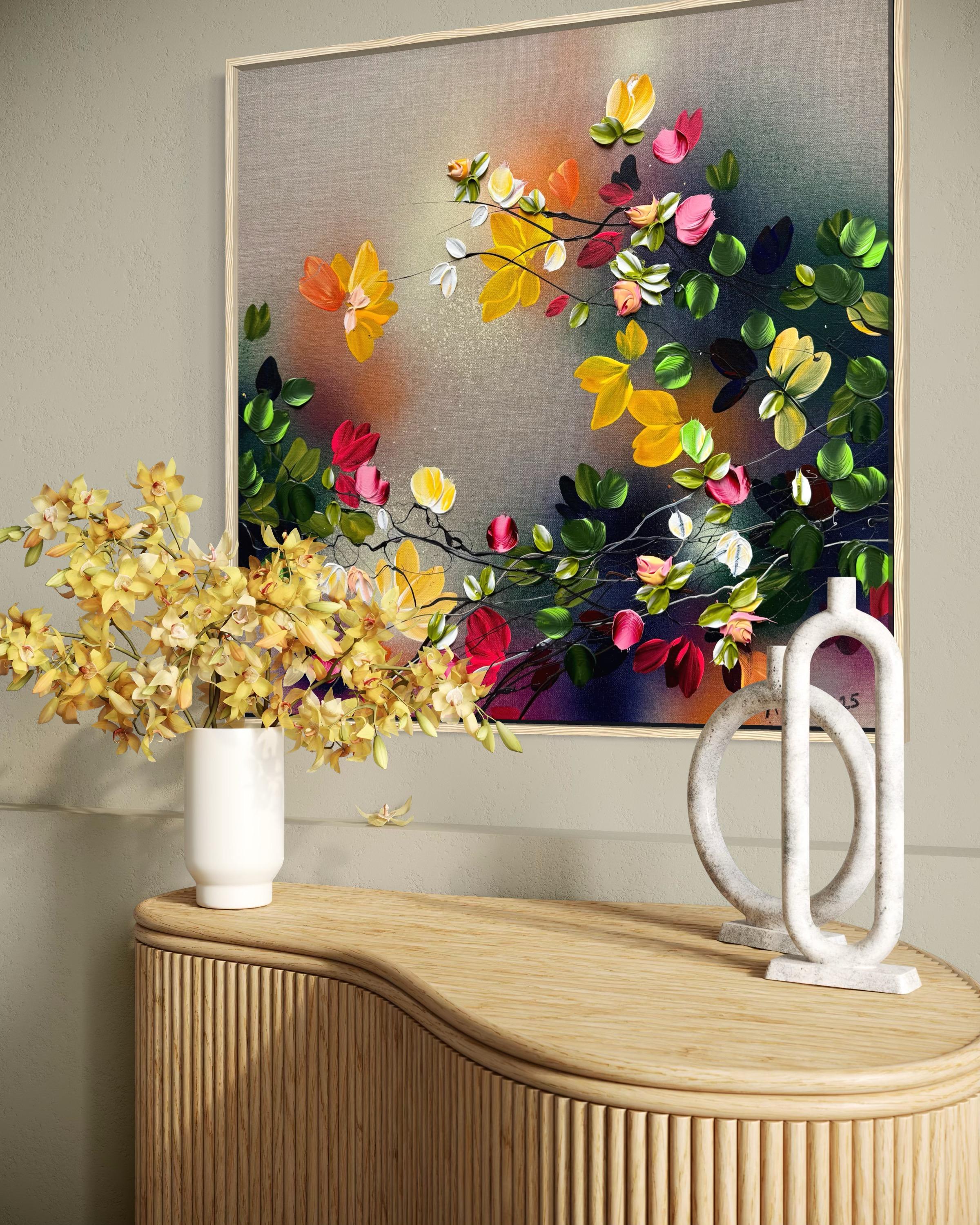 Autumn Palette III -  impressionistic painting on linen canvas with 3d roses For Sale 1
