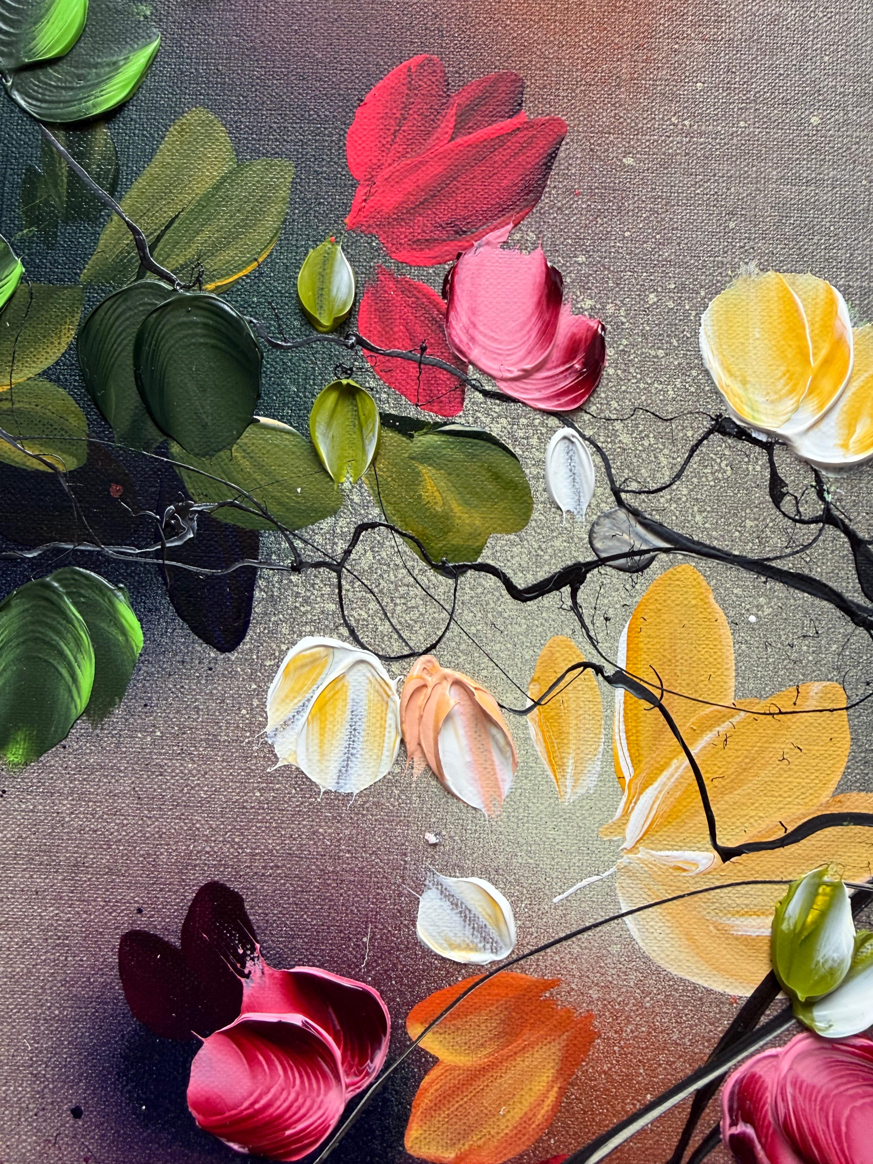 Autumn Palette III -  impressionistic painting on linen canvas with 3d roses For Sale 2