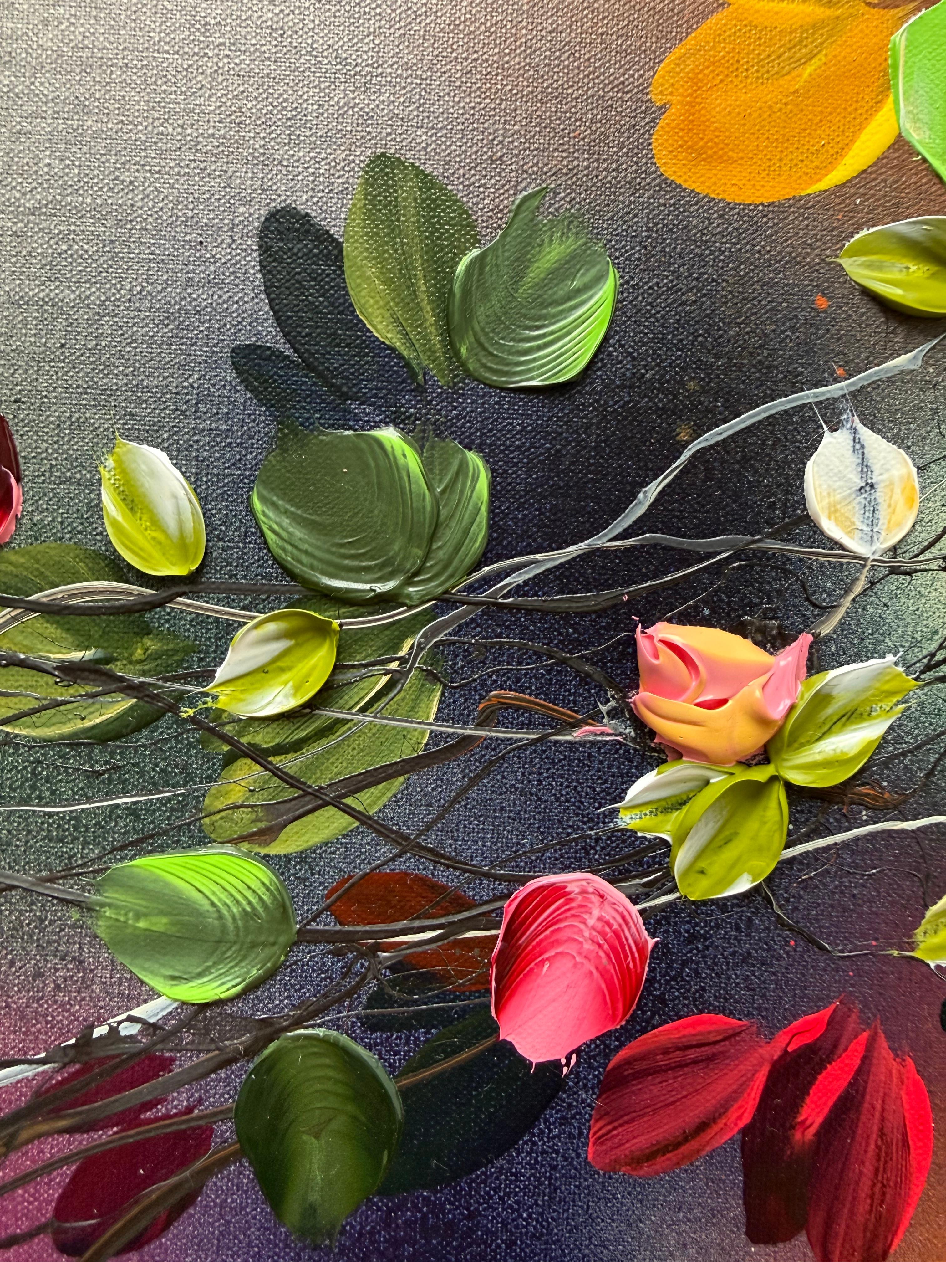 Autumn Palette III -  impressionistic painting on linen canvas with 3d roses For Sale 3