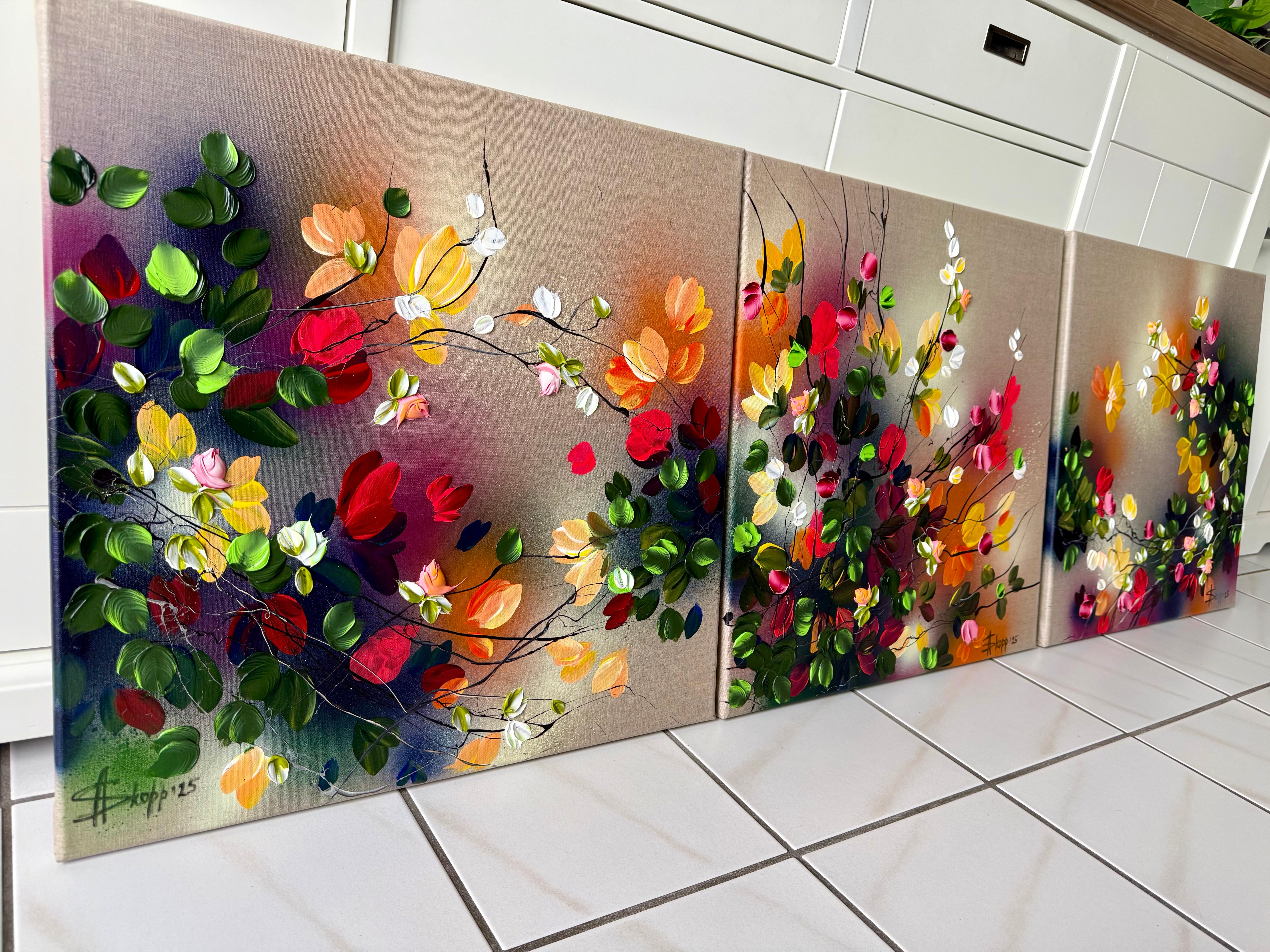 Autumn Palette III -  impressionistic painting on linen canvas with 3d roses For Sale 4