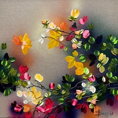 Autumn Palette III -  impressionistic painting on linen canvas with 3d roses