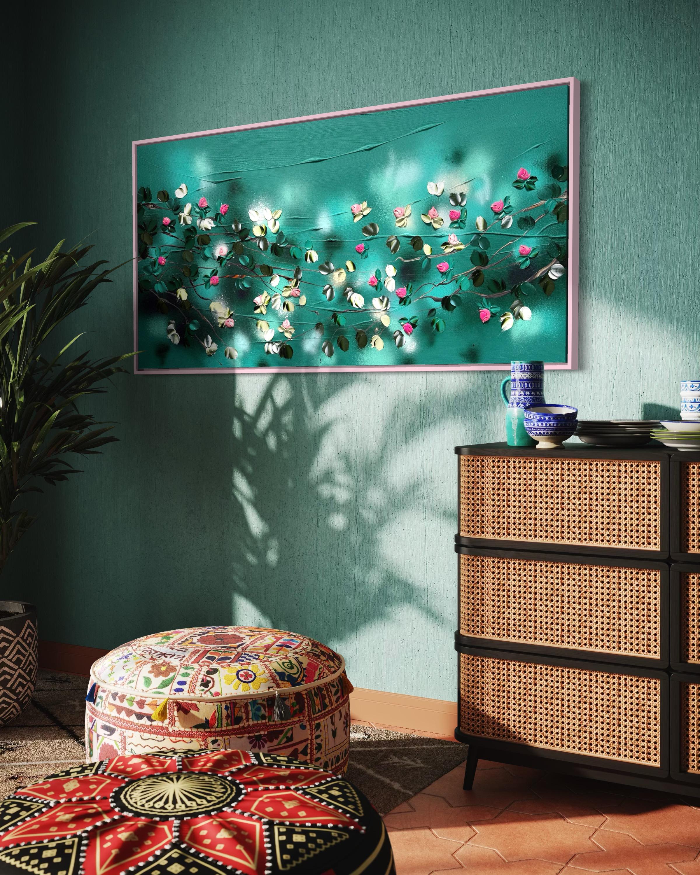 Bathing in a Daydream -  impressionistic painting on canvas with pink roses For Sale 5
