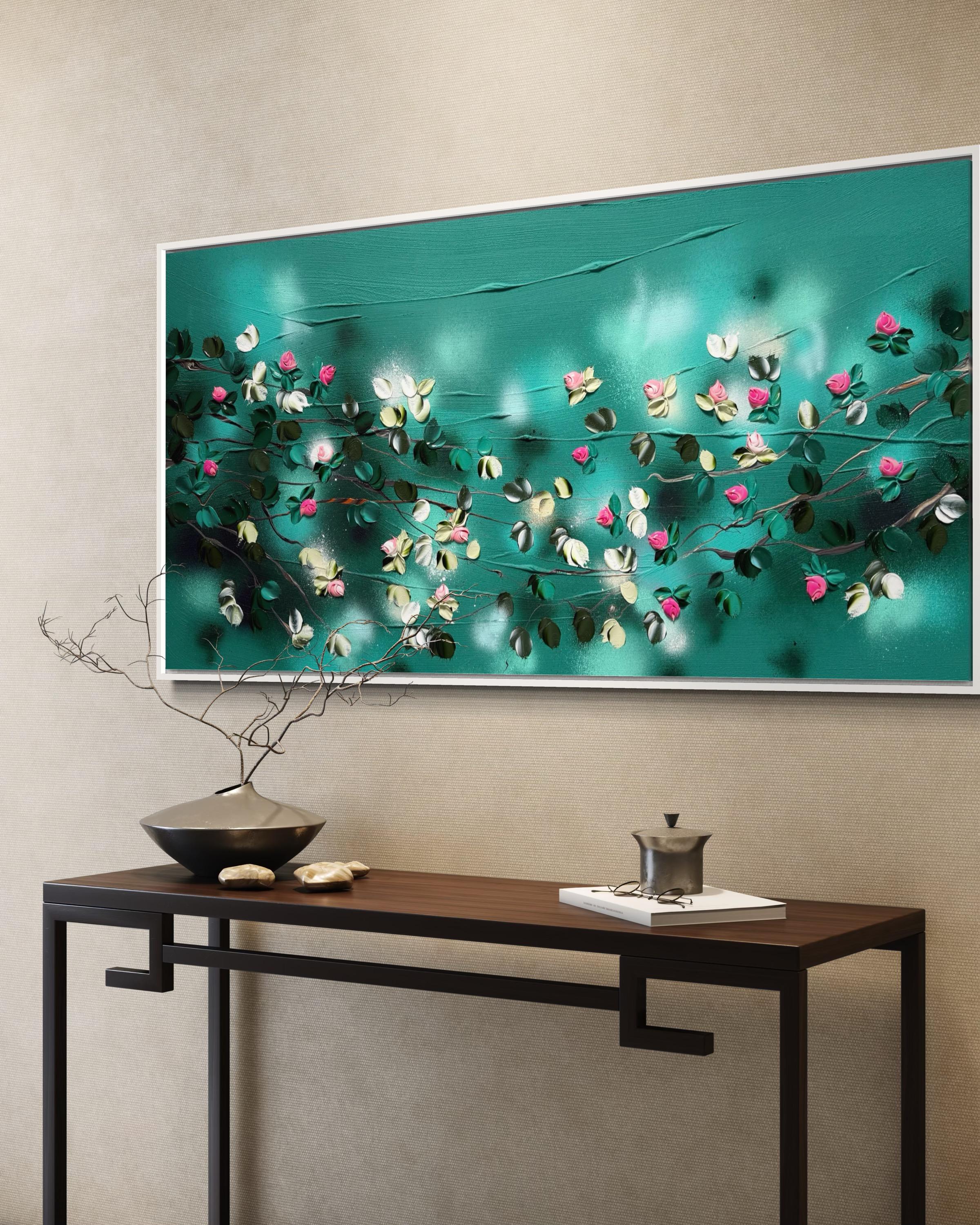 Bathing in a Daydream -  impressionistic painting on canvas with pink roses For Sale 6