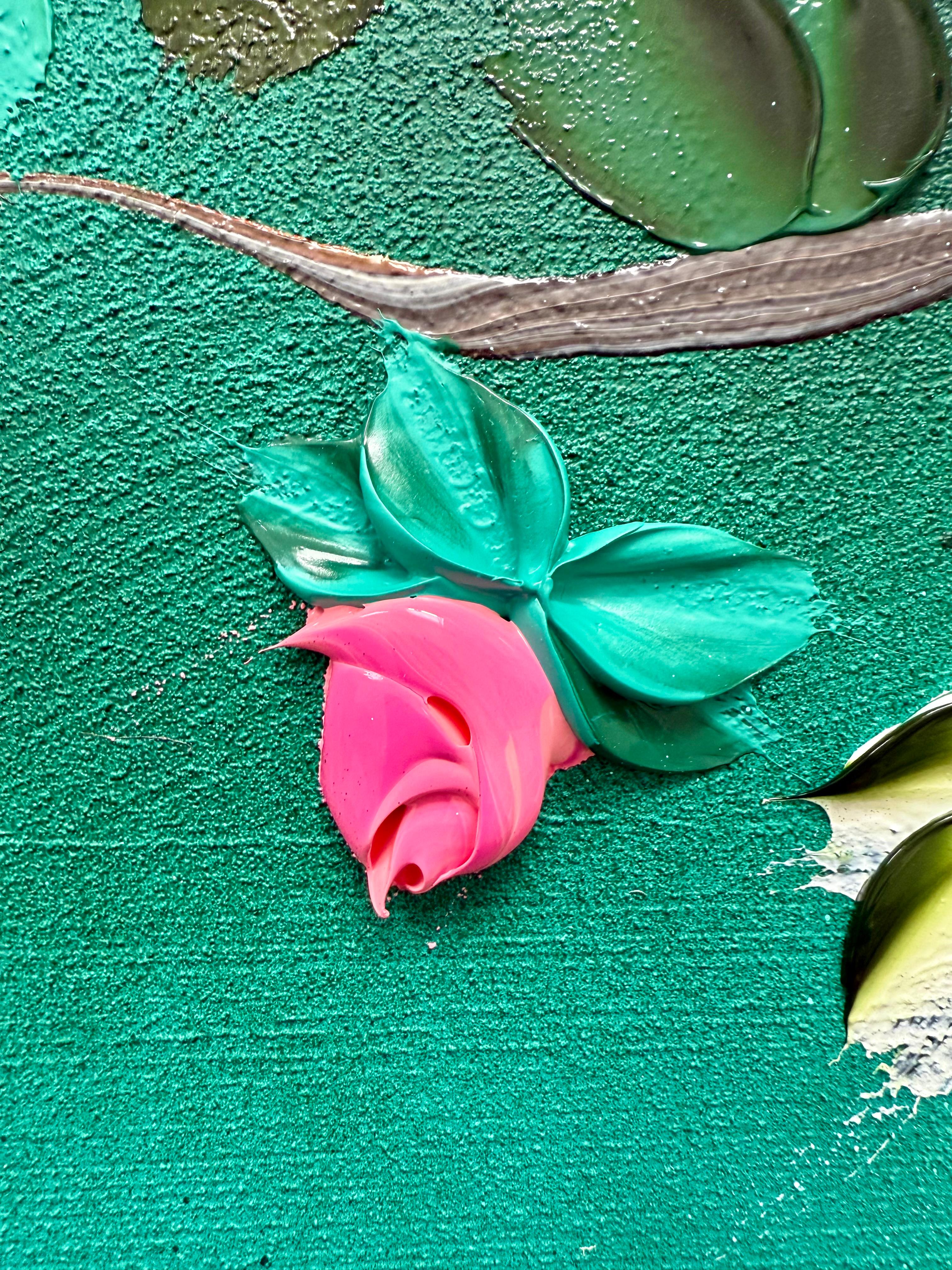 Bathing in a Daydream -  impressionistic painting on canvas with pink roses For Sale 7