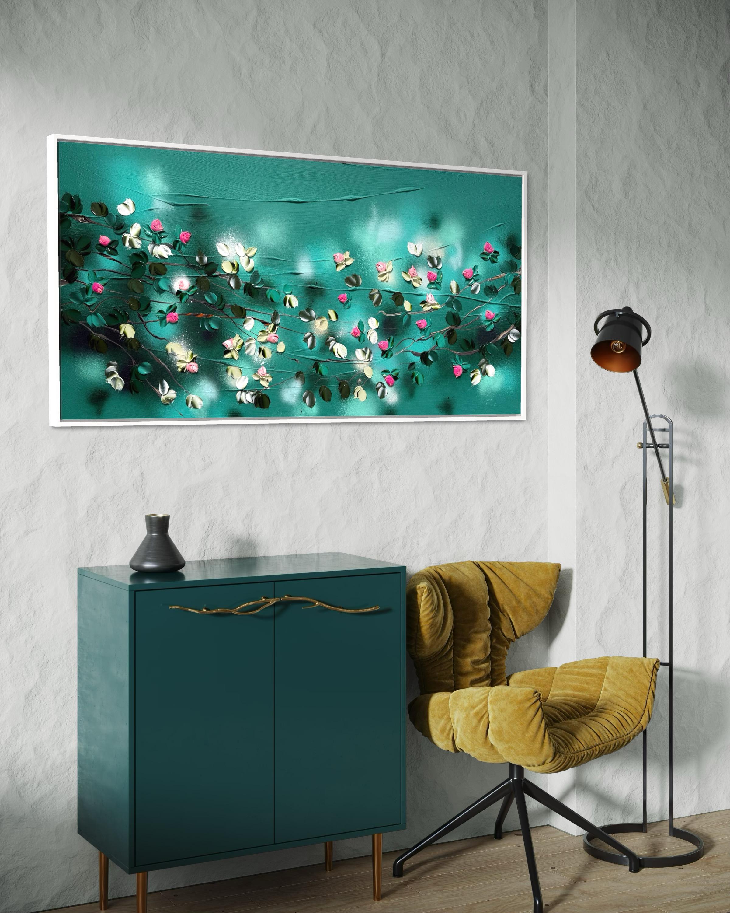 Bathing in a Daydream -  impressionistic painting on canvas with pink roses For Sale 9