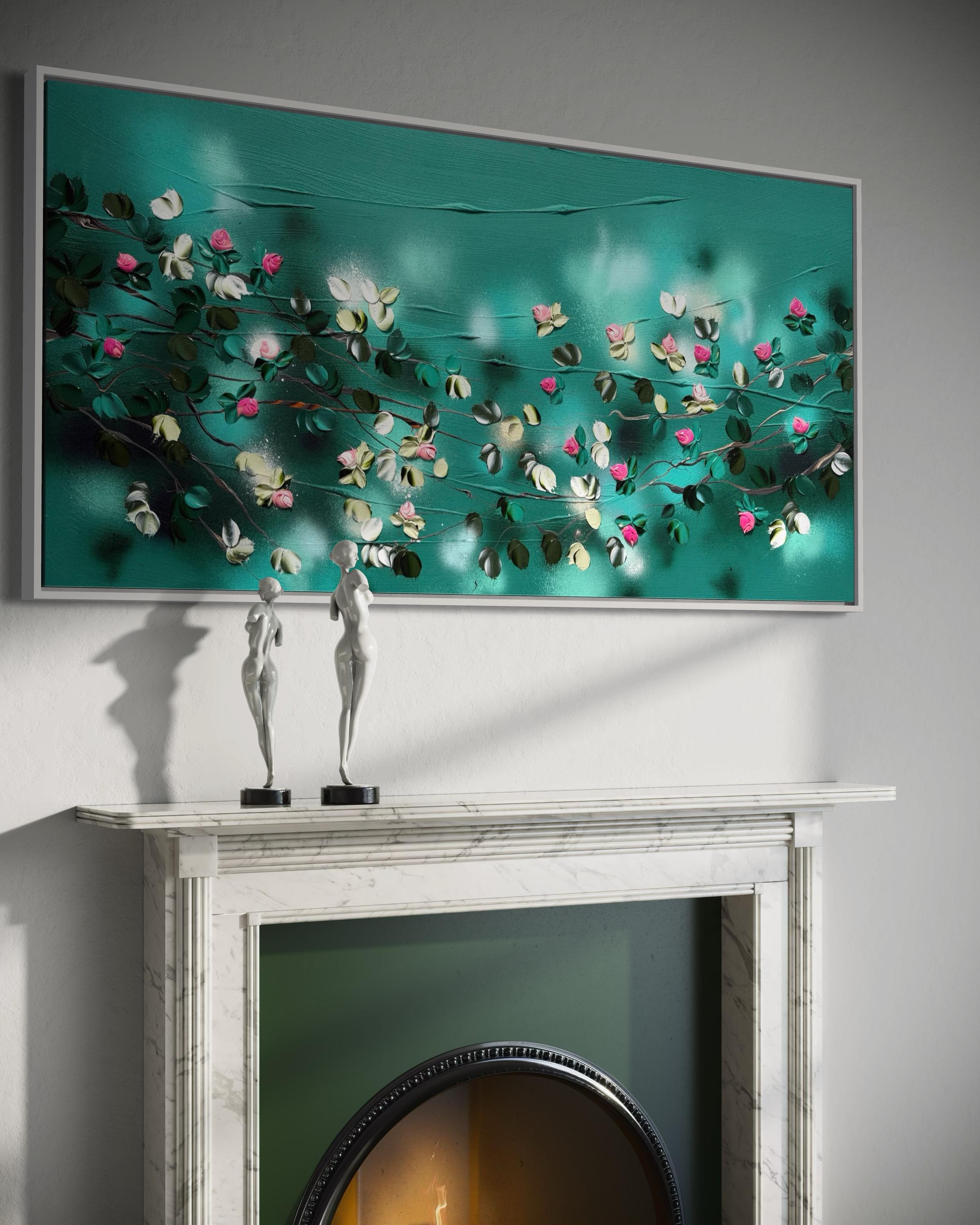 Bathing in a Daydream -  impressionistic painting on canvas with pink roses For Sale 10
