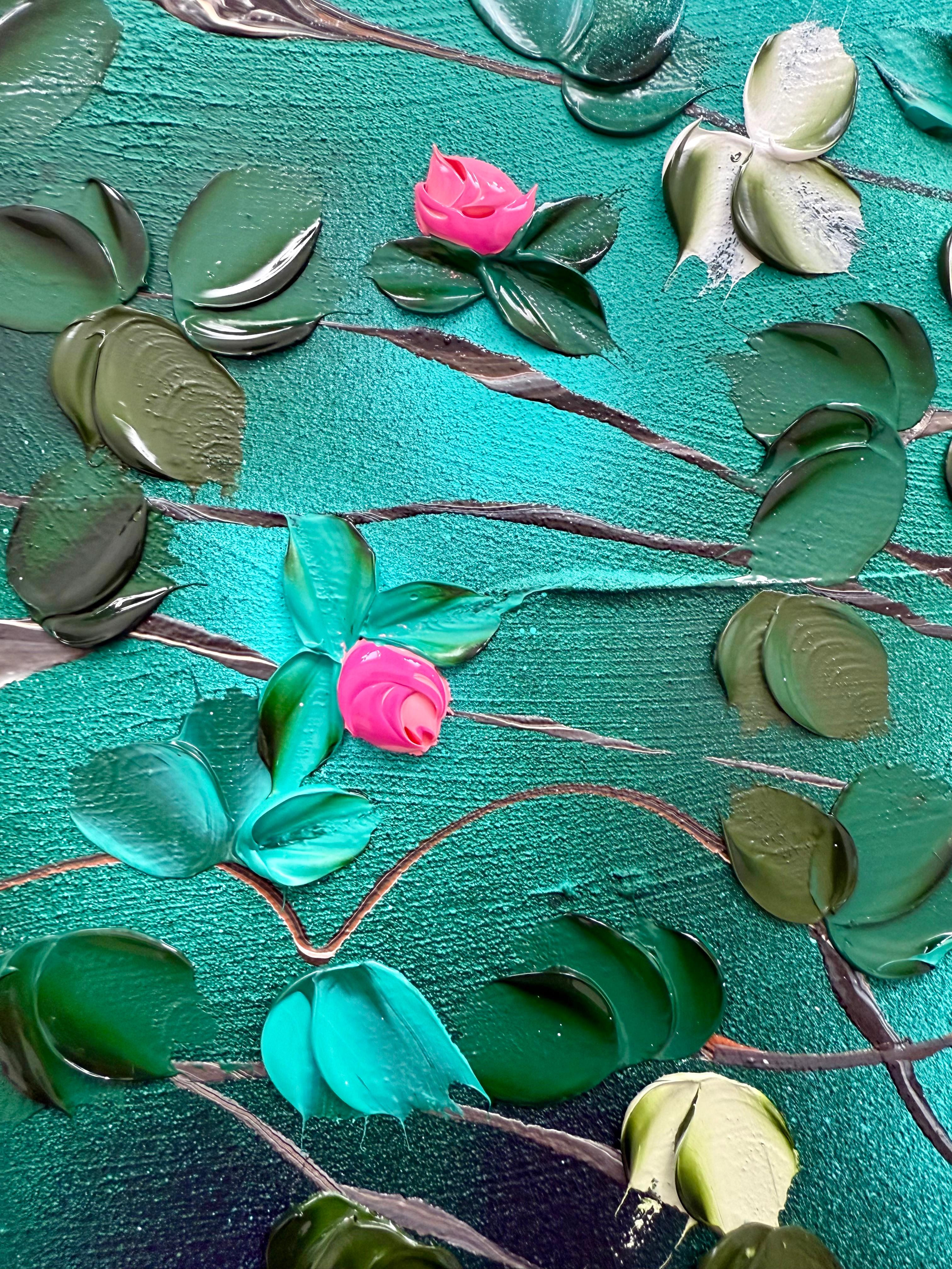 Bathing in a Daydream -  impressionistic painting on canvas with pink roses For Sale 11