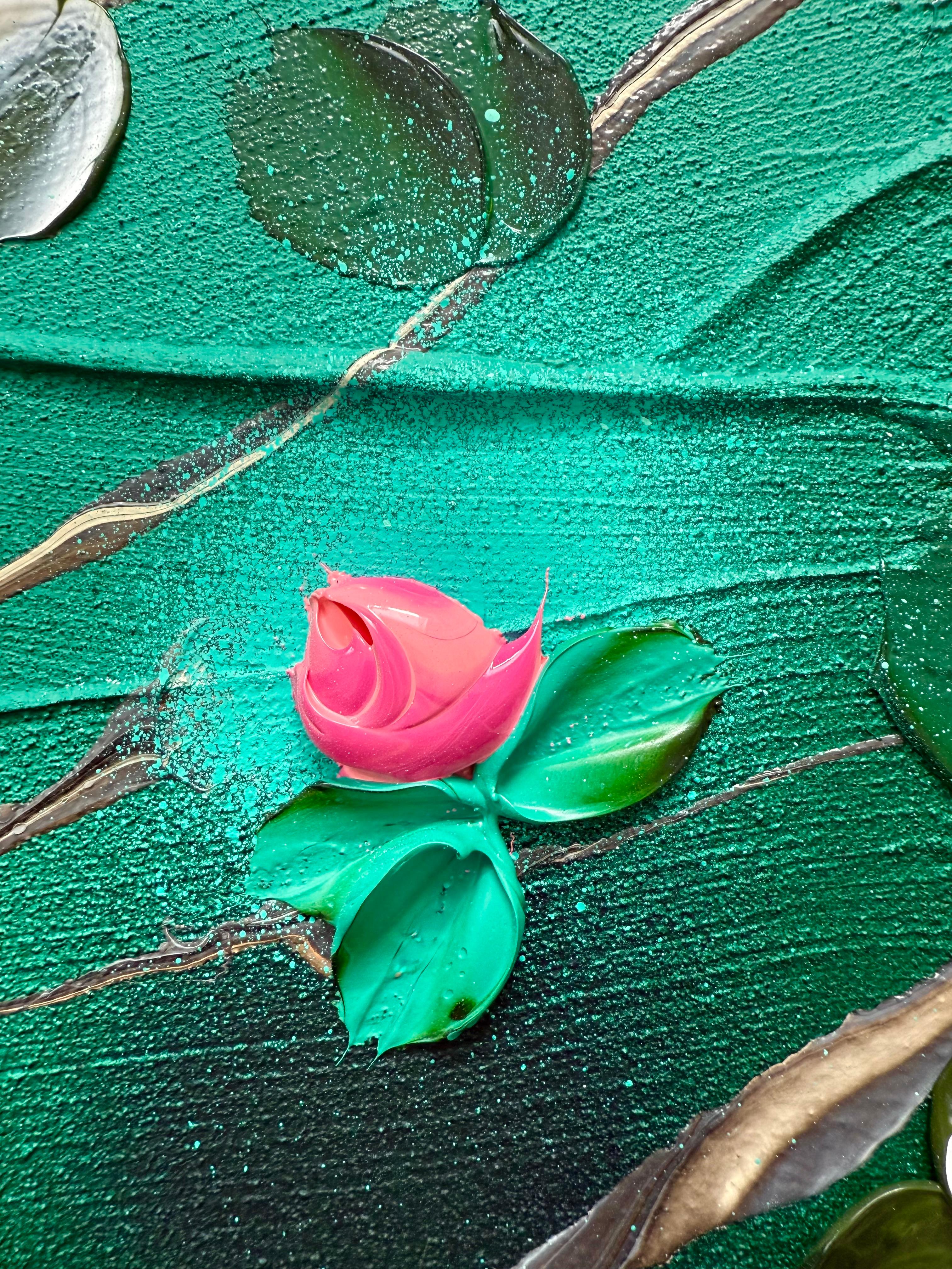 Bathing in a Daydream -  impressionistic painting on canvas with pink roses For Sale 12
