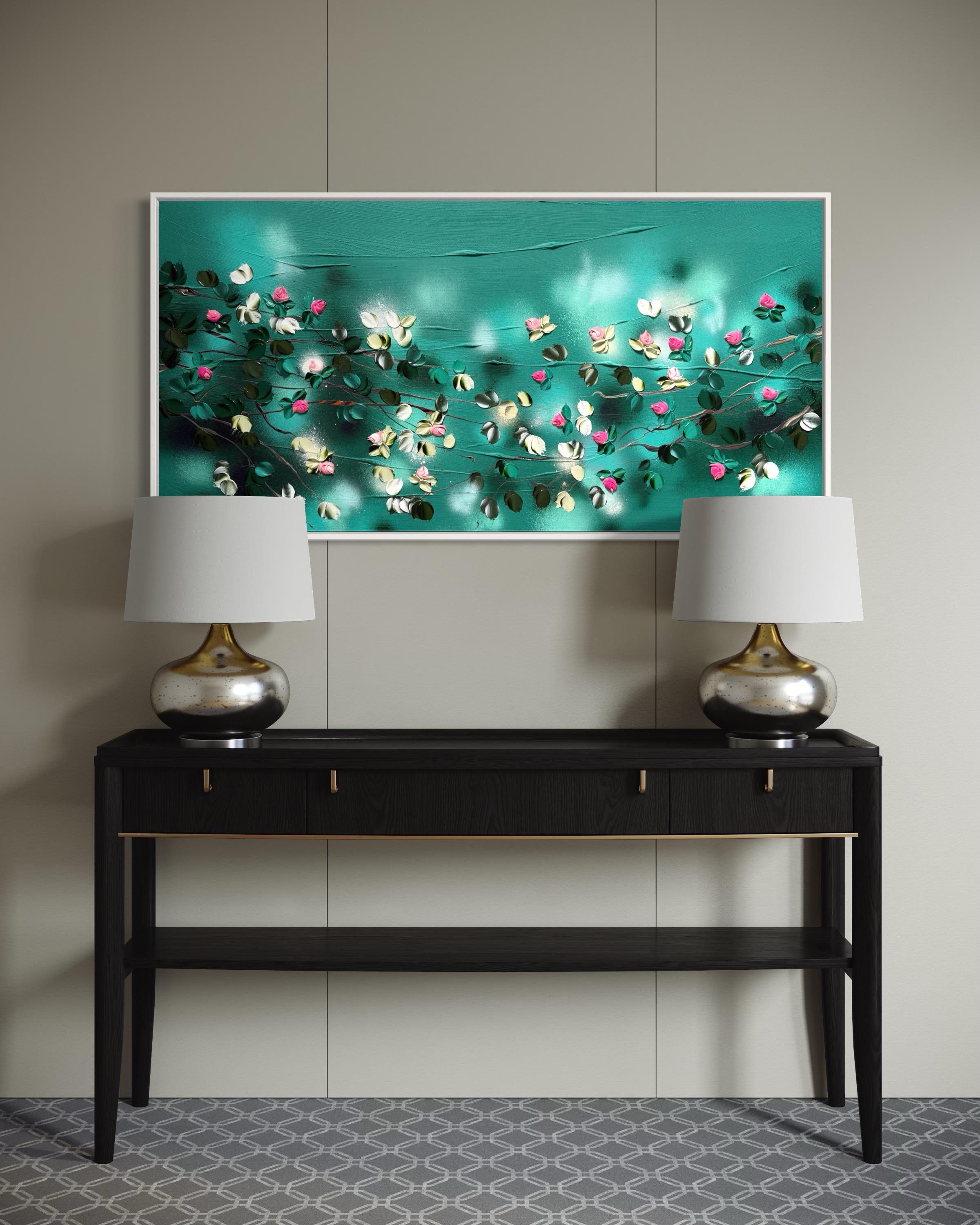 Bathing in a Daydream -  impressionistic painting on canvas with pink roses For Sale 13