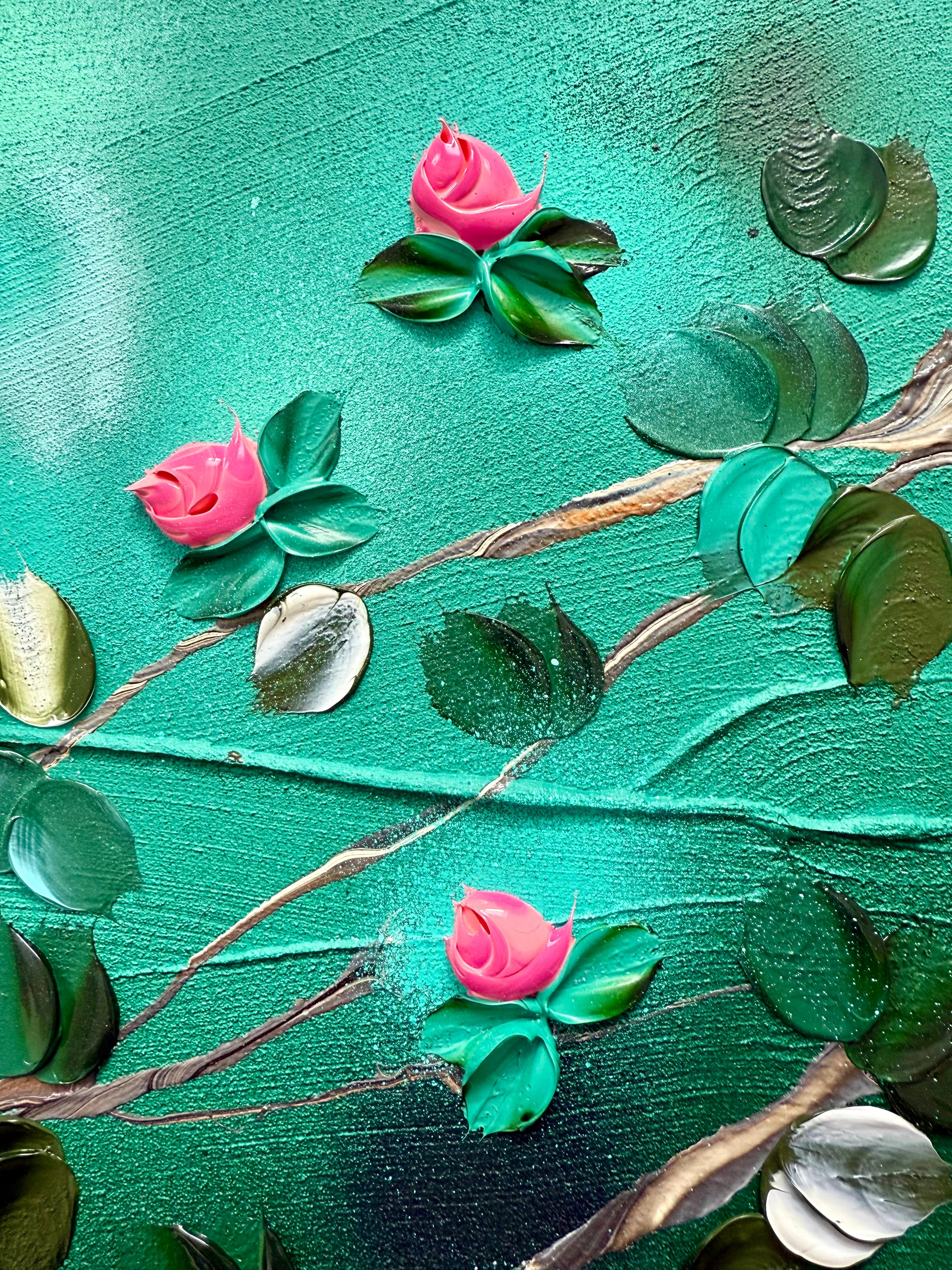 Bathing in a Daydream -  impressionistic painting on canvas with pink roses - Abstract Impressionist Painting by Anastassia Skopp