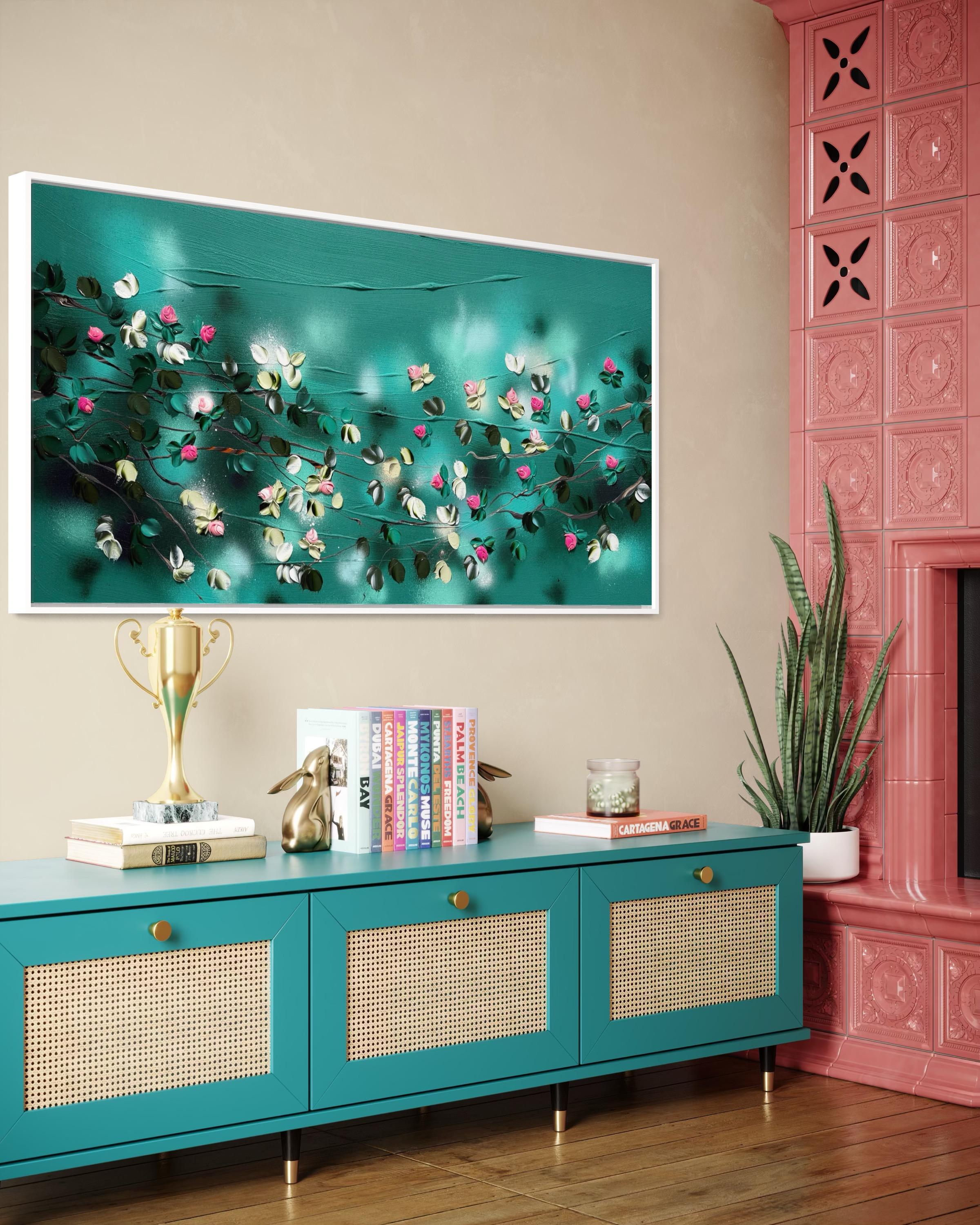 60x120x4 cm / 23.6x47.2x1.6 inches

Dive into the vibrant and immersive world of Bathing in a Daydream, where energetic colors and sculptural textures converge to create a vivid celebration of nature. The canvas is alive with rich emerald tones and