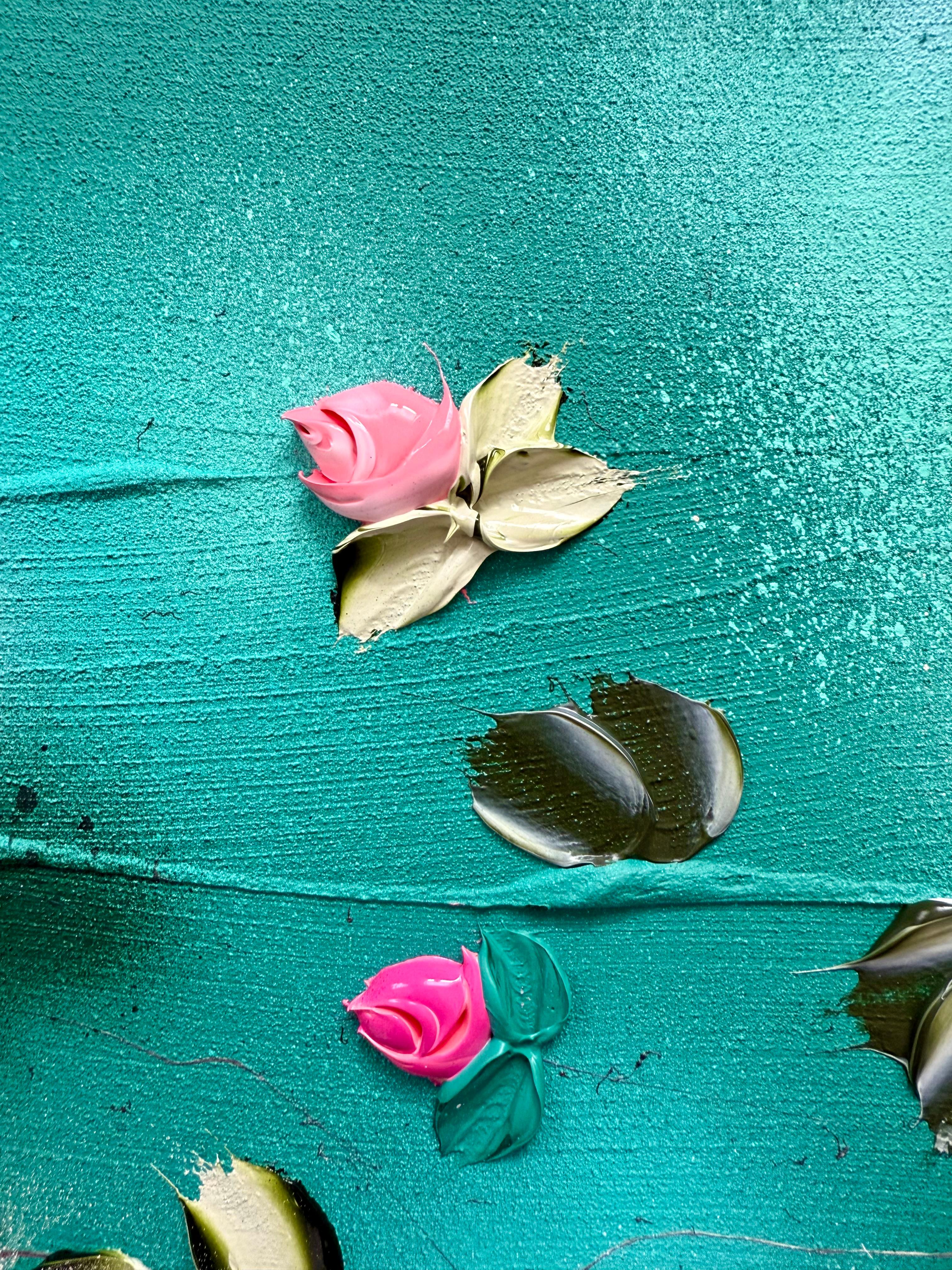 Bathing in a Daydream -  impressionistic painting on canvas with pink roses For Sale 2