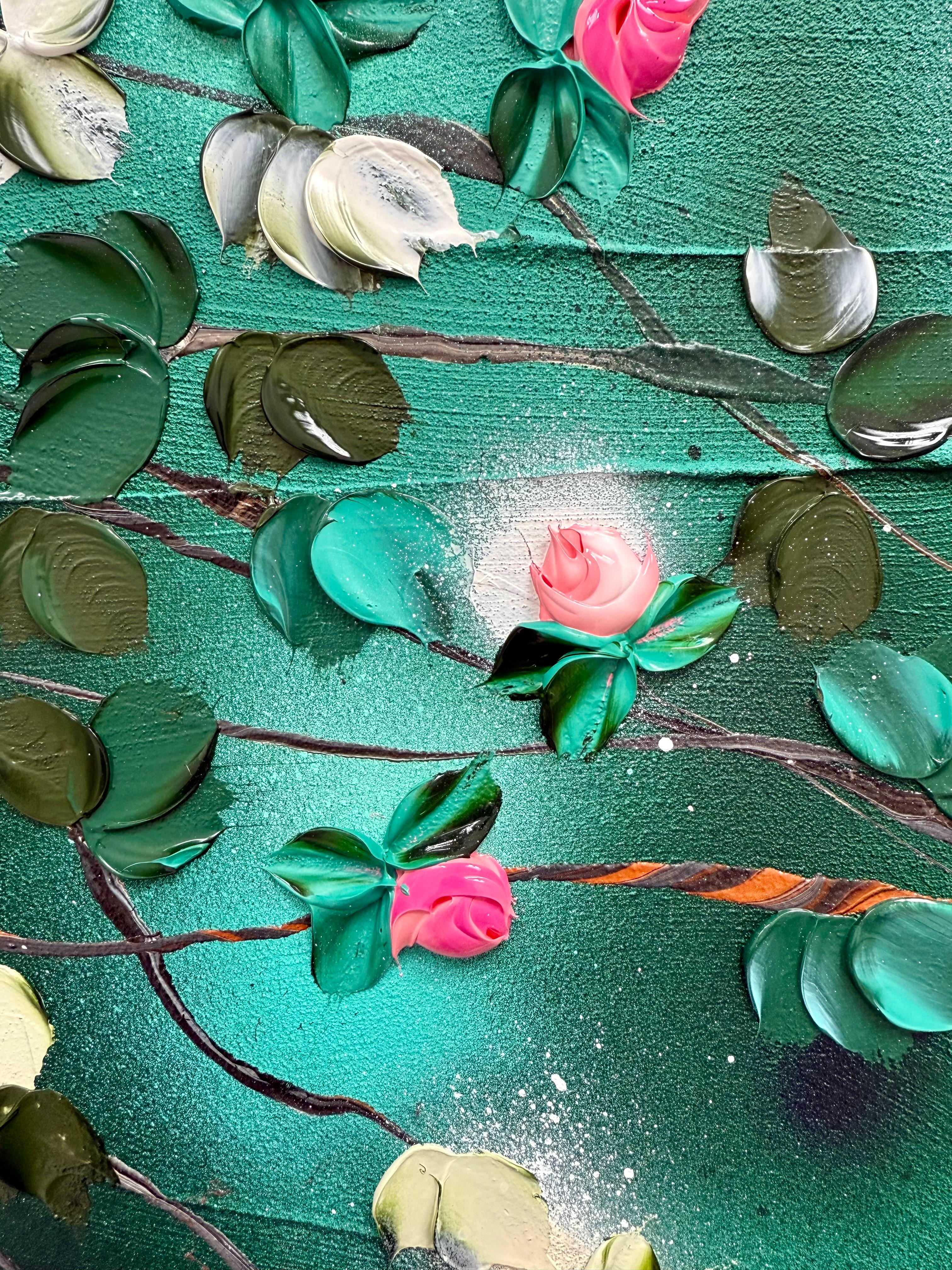 Bathing in a Daydream -  impressionistic painting on canvas with pink roses For Sale 3