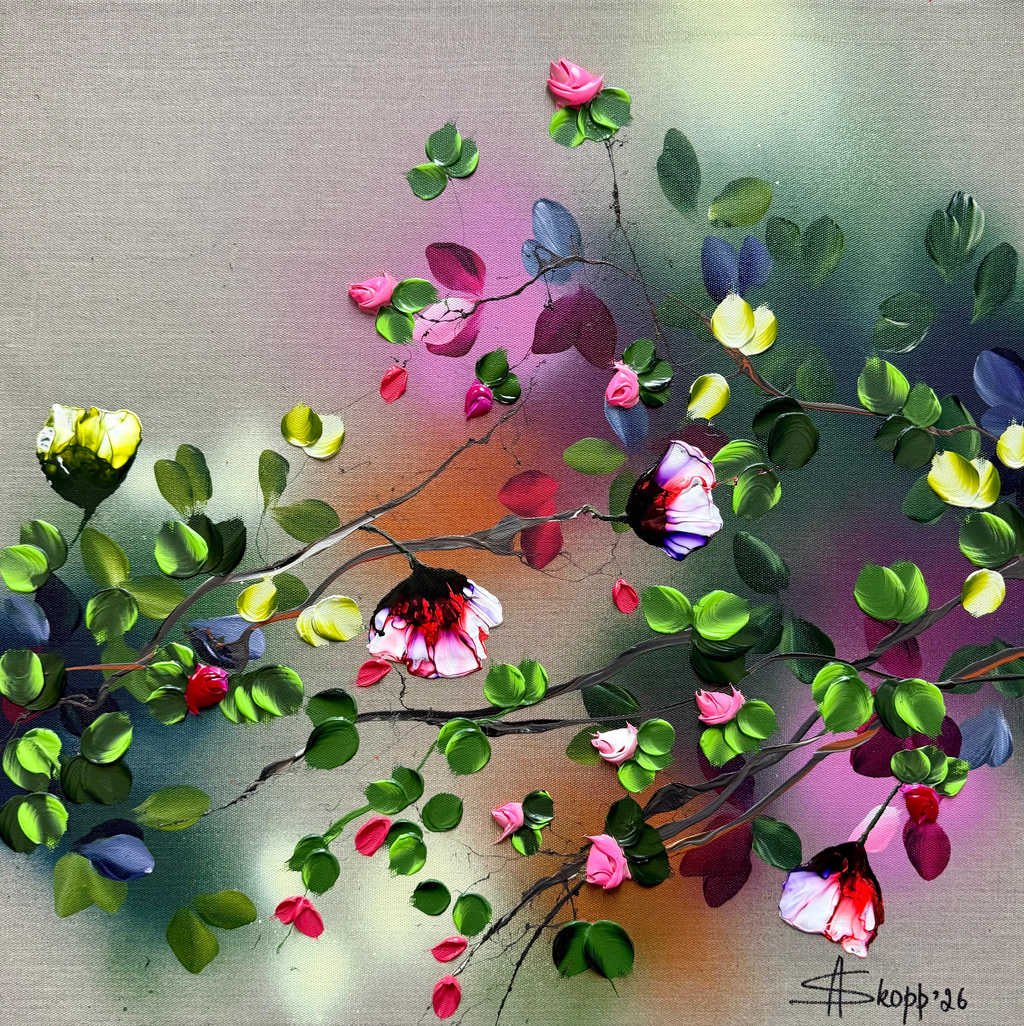 Anastassia Skopp Figurative Painting - Before Dark - colorful impasto painting on linen canvas with 3d flowers