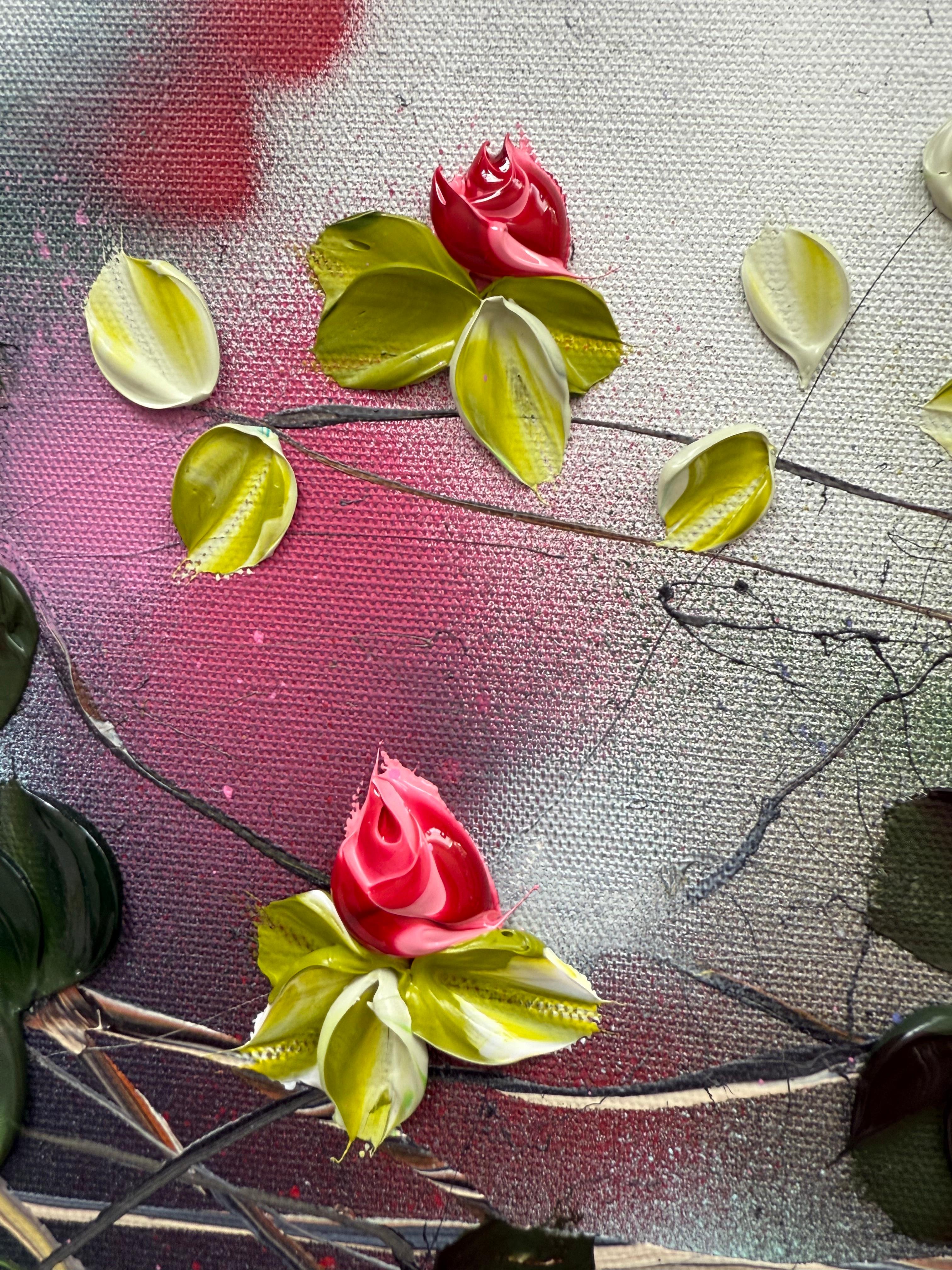 Blooms II -  impressionistic painting on linen canvas with 3d roses For Sale 5