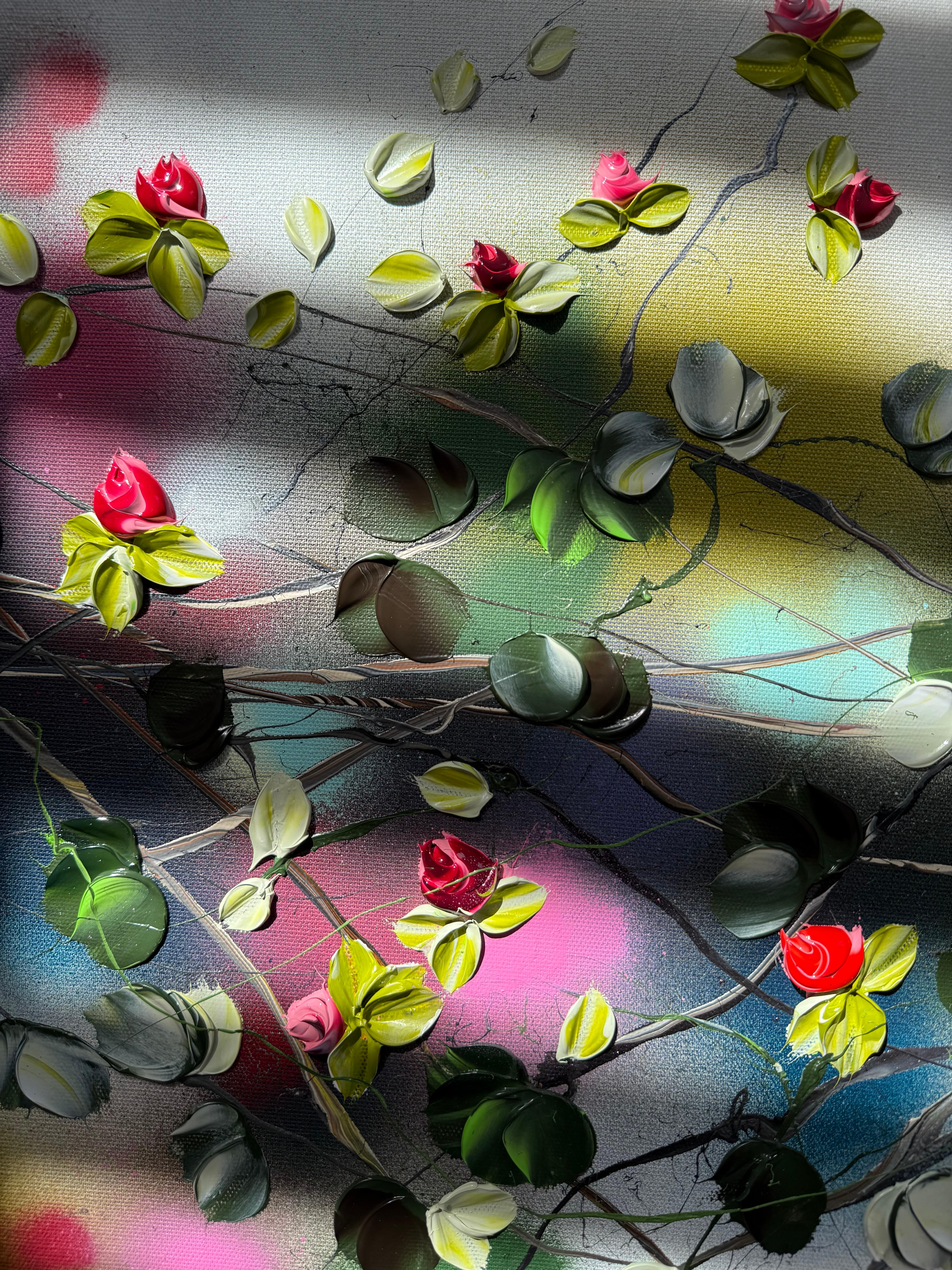 Blooms II -  impressionistic painting on linen canvas with 3d roses For Sale 7
