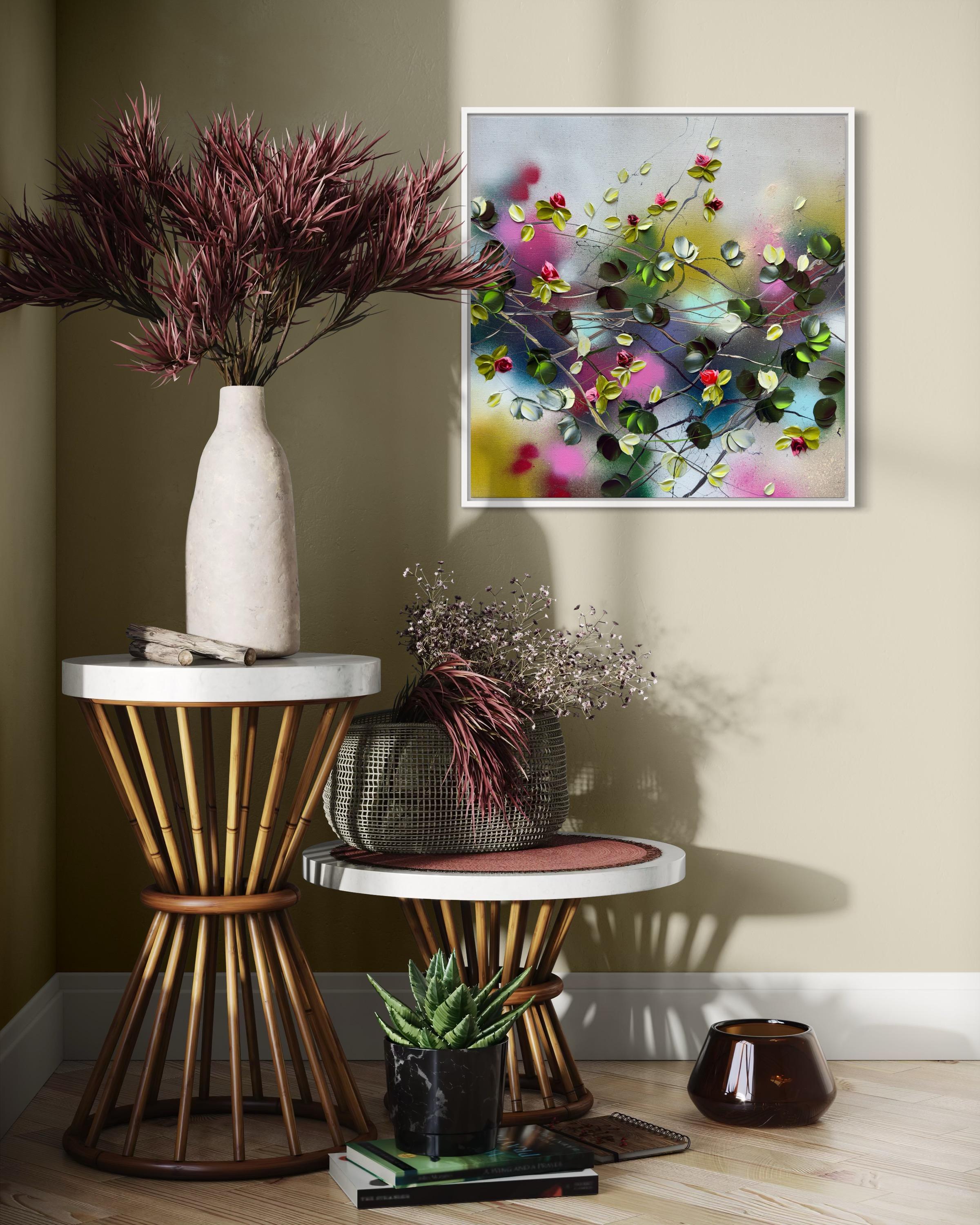 Blooms II -  impressionistic painting on linen canvas with 3d roses For Sale 8