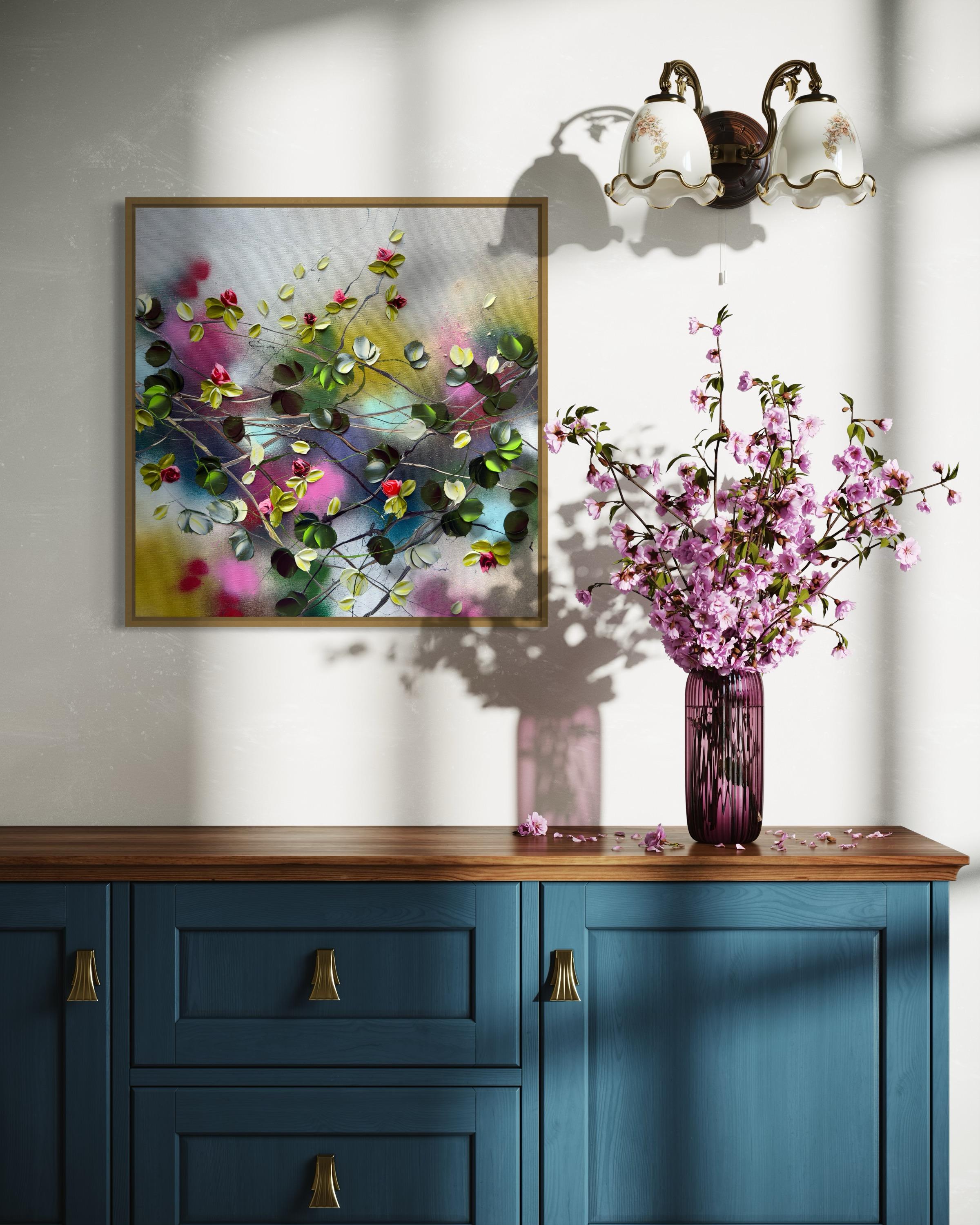 Blooms II -  impressionistic painting on linen canvas with 3d roses For Sale 9
